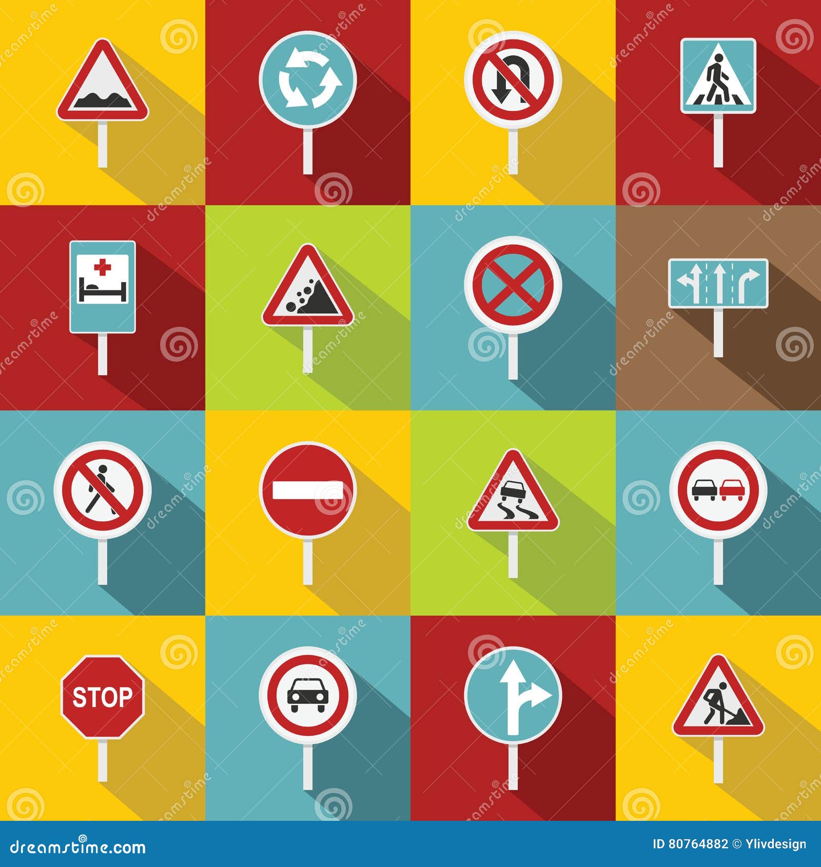 Different Road Signs Icons Set, Flat Style Stock Vector Illustration
