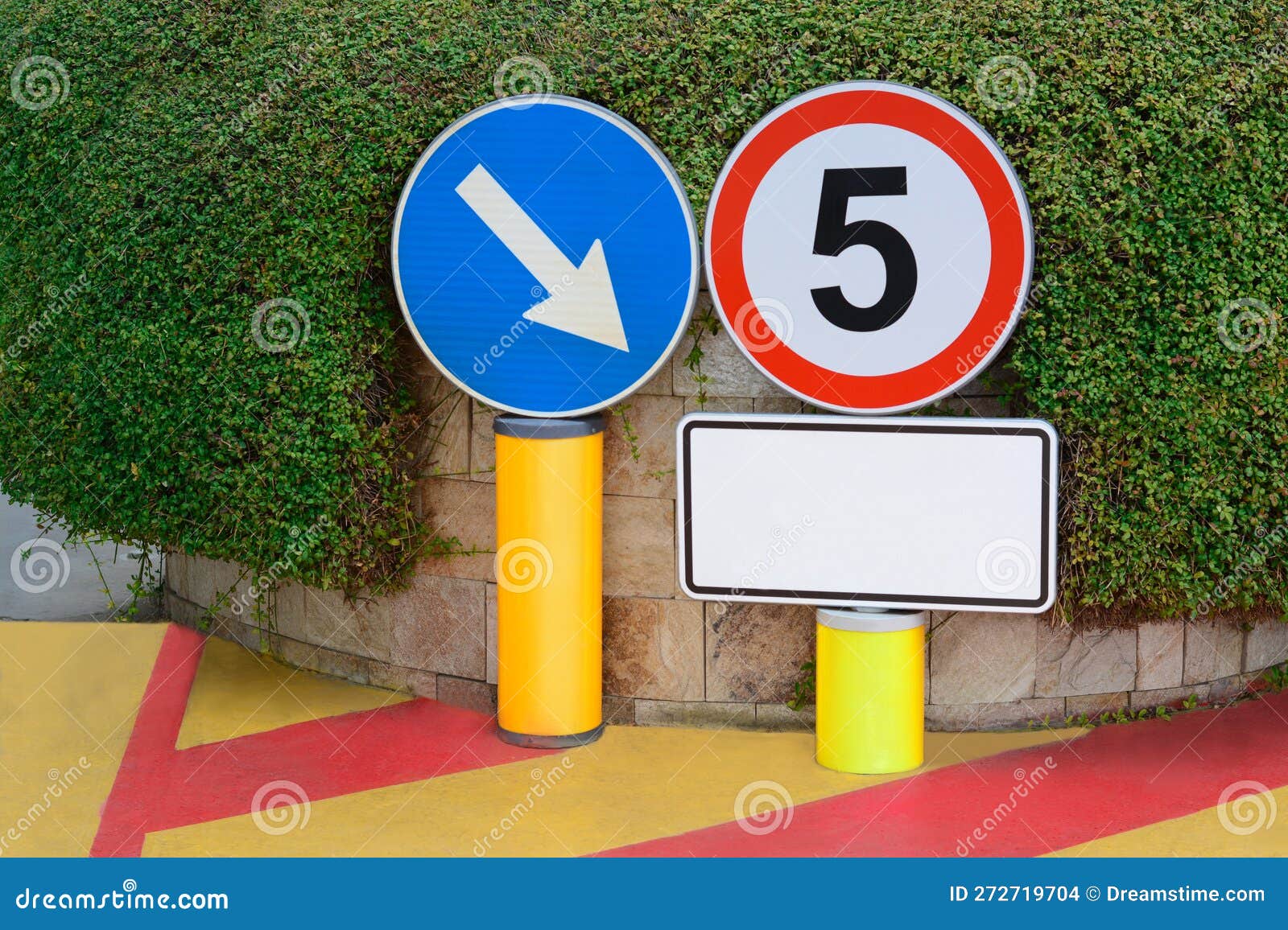 Different Road Signs Near Green Bush Stock Photo Image of drive