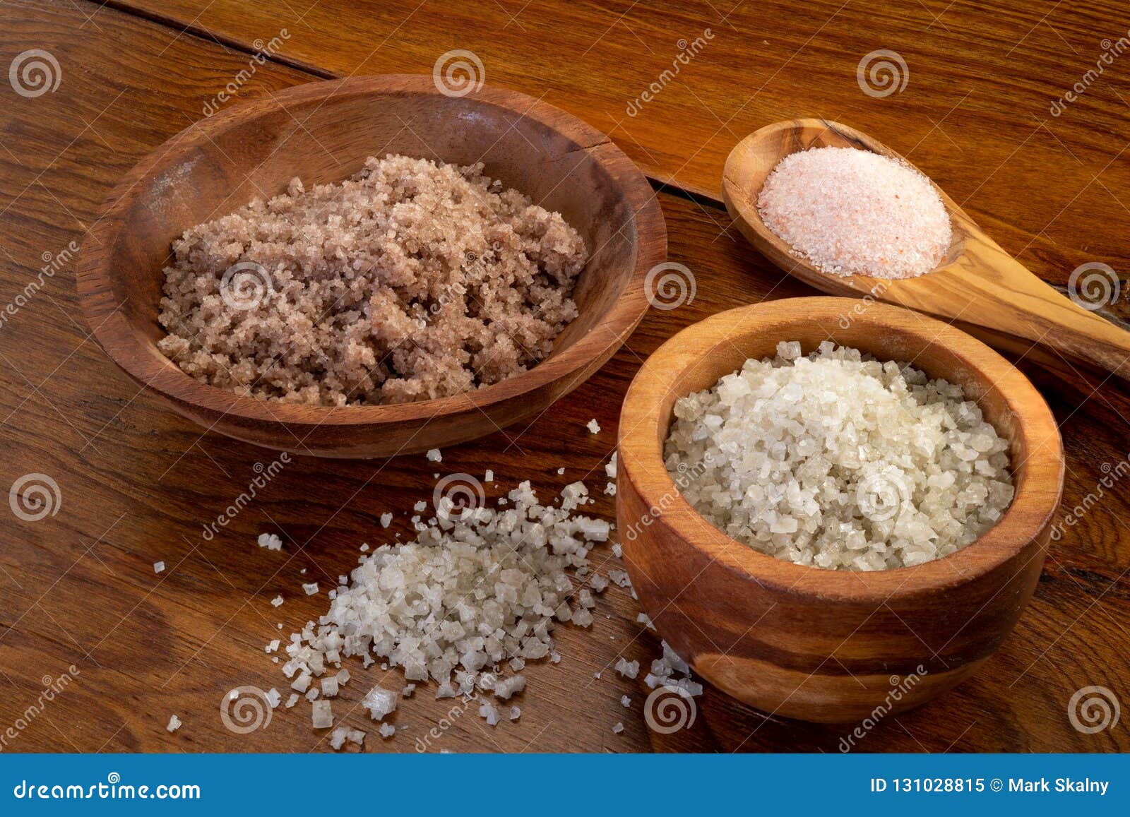 Different Salts Displayed in Wooden Bowls Stock Image Image of ground