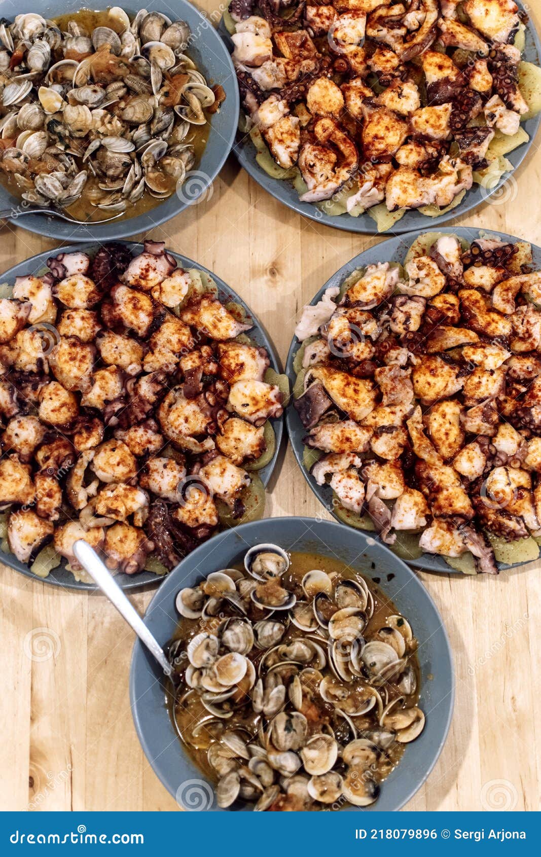 Different Seafood Dishes on the Wooden Table Stock Photo Image of