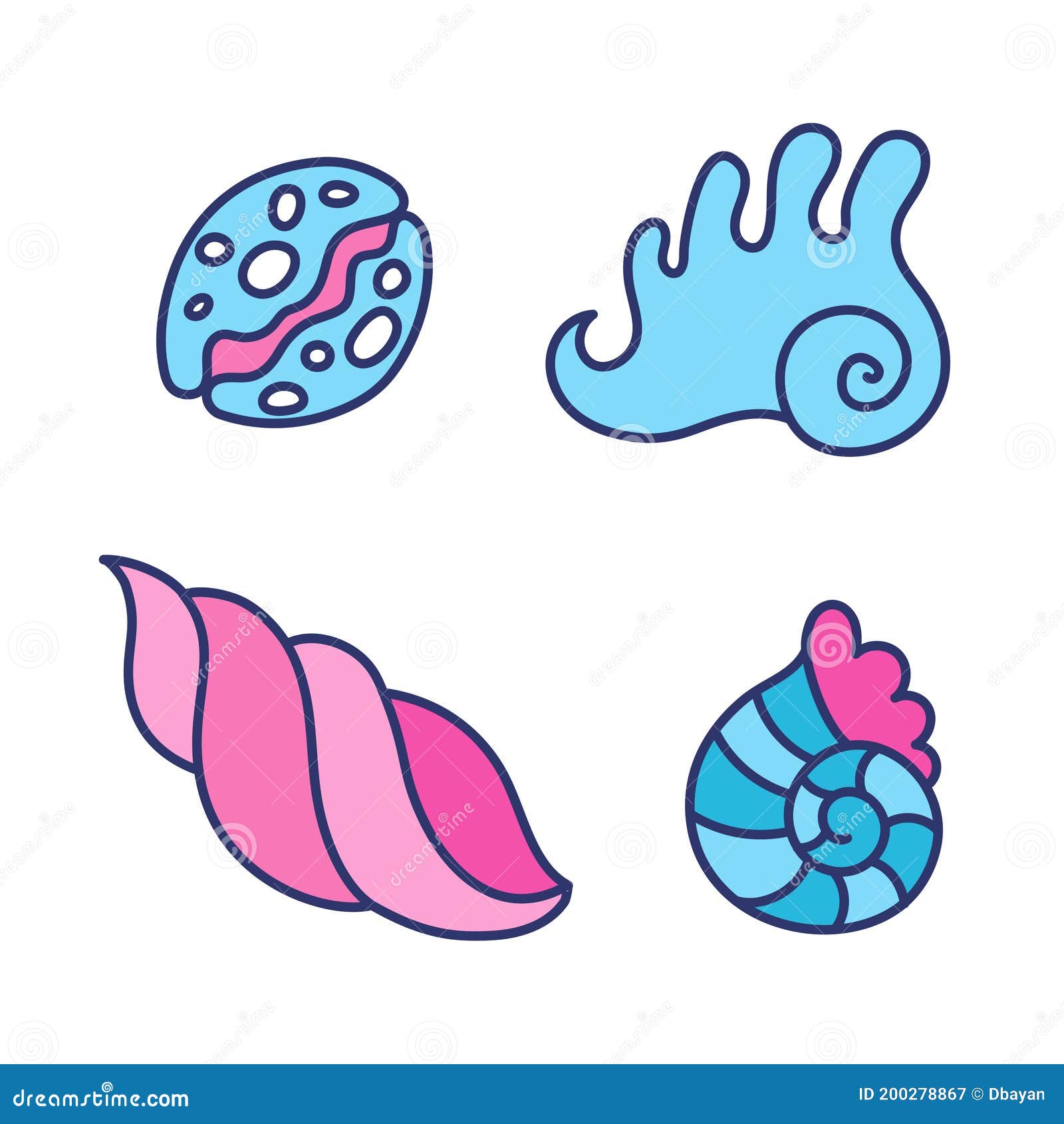 Naive Stickers with Different Seashells. Simple Childish Cartoon Style,  Pink and Blue Palette Stock Vector - Illustration of mermaid, fairytale:  200278867
