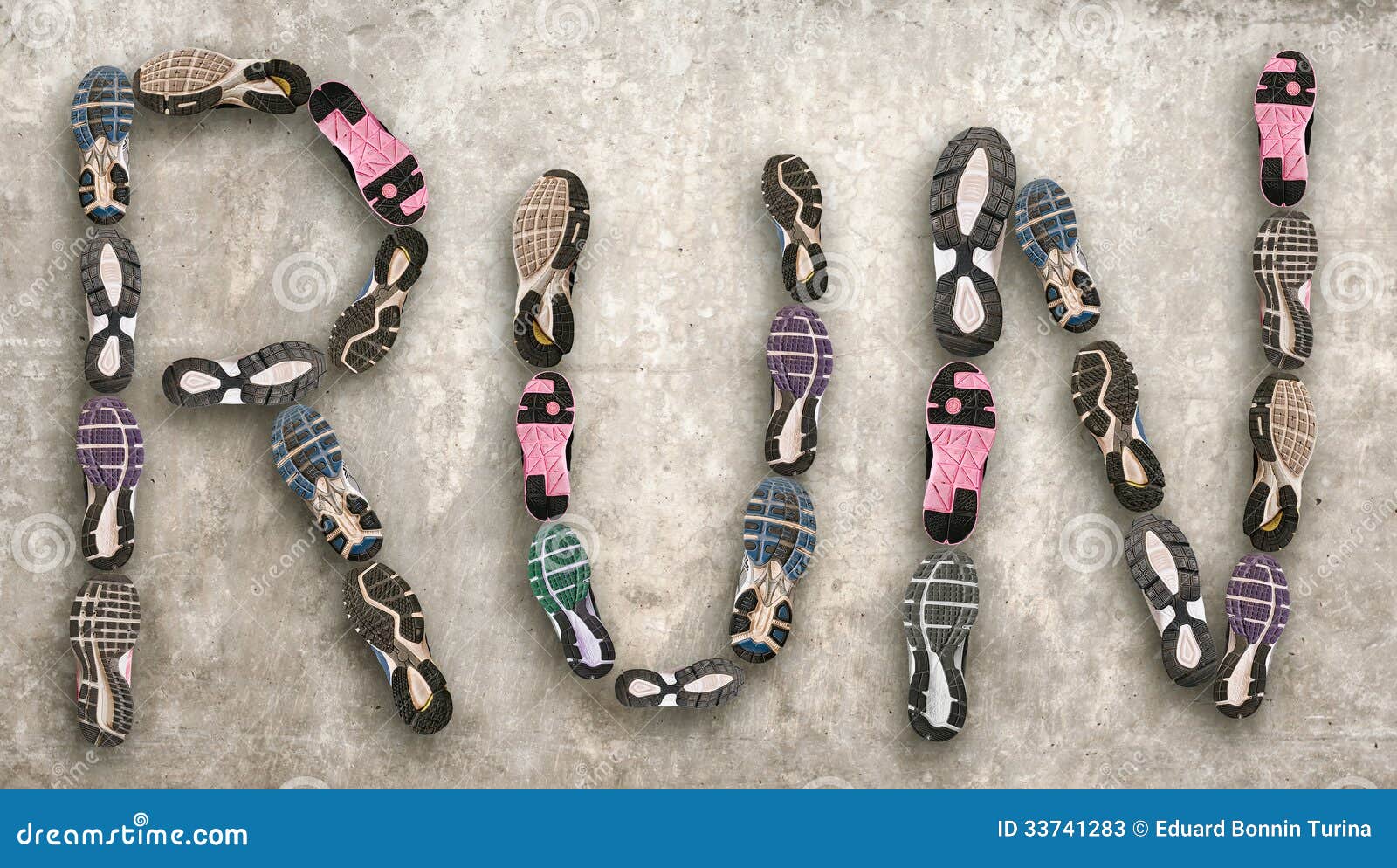 Different Shoe Sole Forming the Word Run. Stock Image  Image of sole