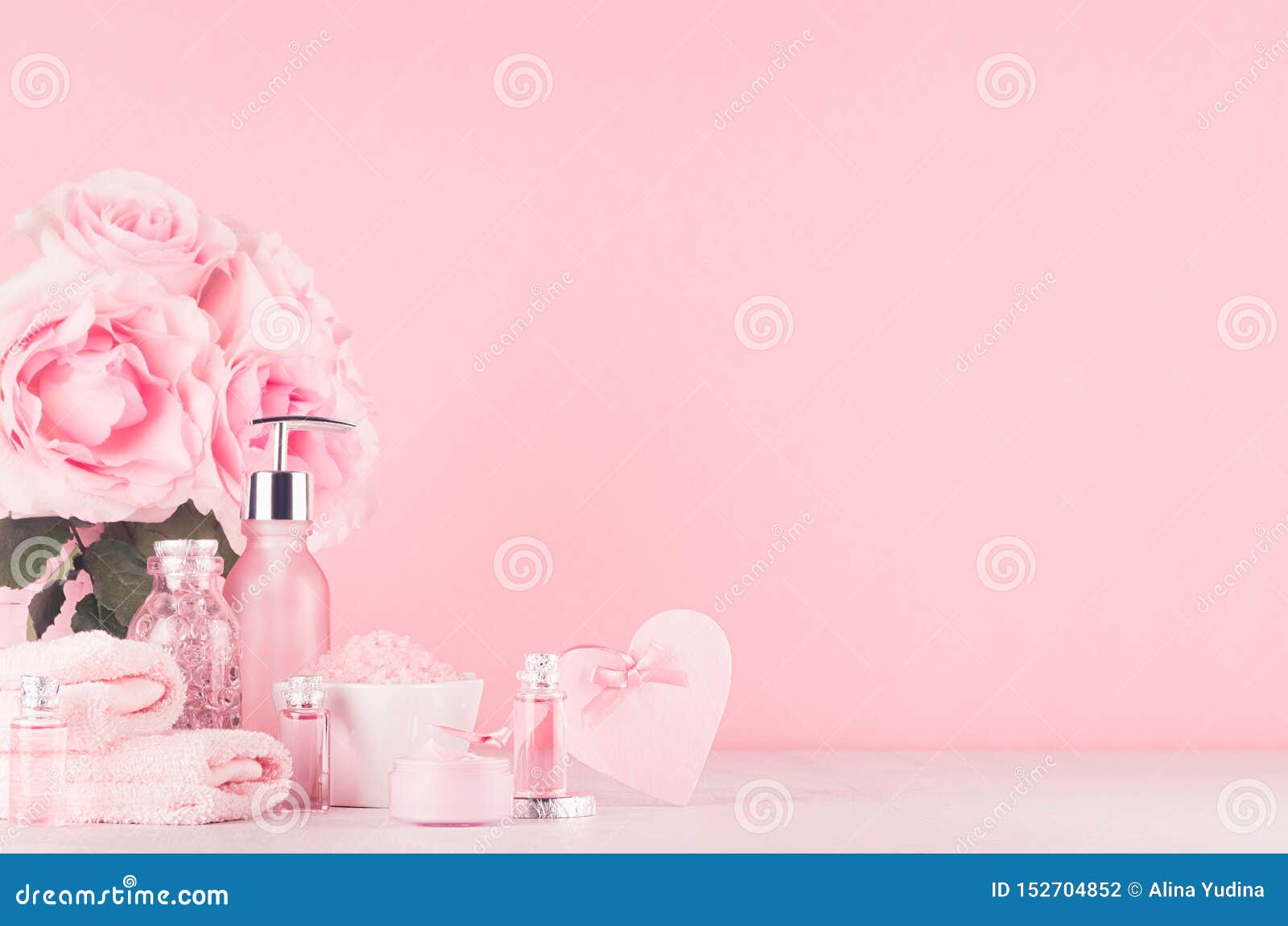 Different Skin Care Products with Romantic Roses Bouquet, Decorative Heart  on Girlish Elegant Pink Pastel Background. Stock Photo - Image of  essential, cute: 152704852