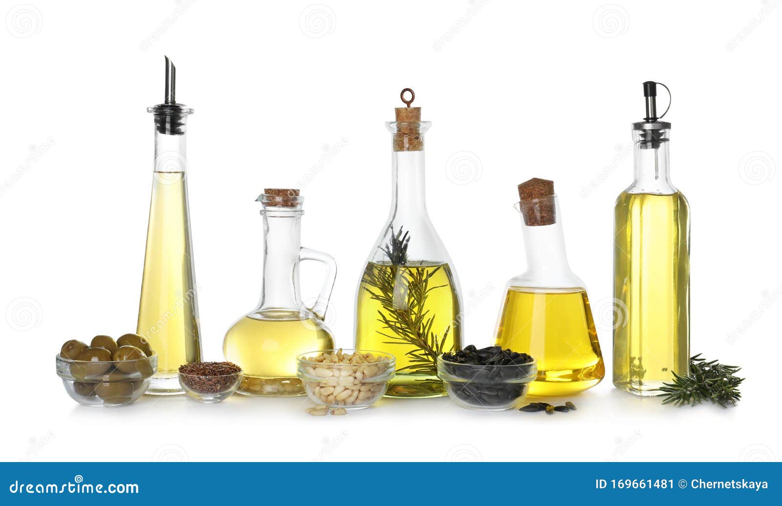 Different Sorts of Cooking Oil and Ingredients Isolated on White Stock