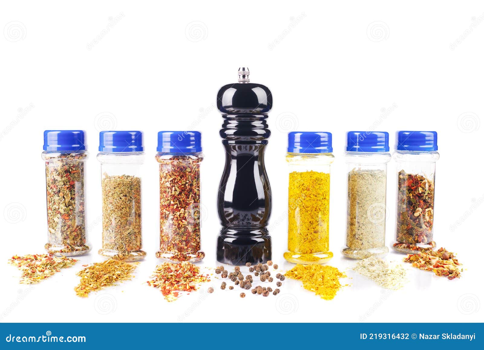 Different Spices Jars and Pepper Mill Stock Photo Image of herb, gourmet 219316432