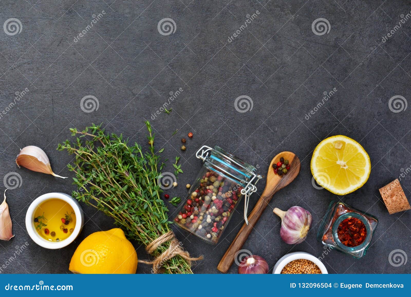 different spices for marinade: rosemary, thyme, pepper, garlic