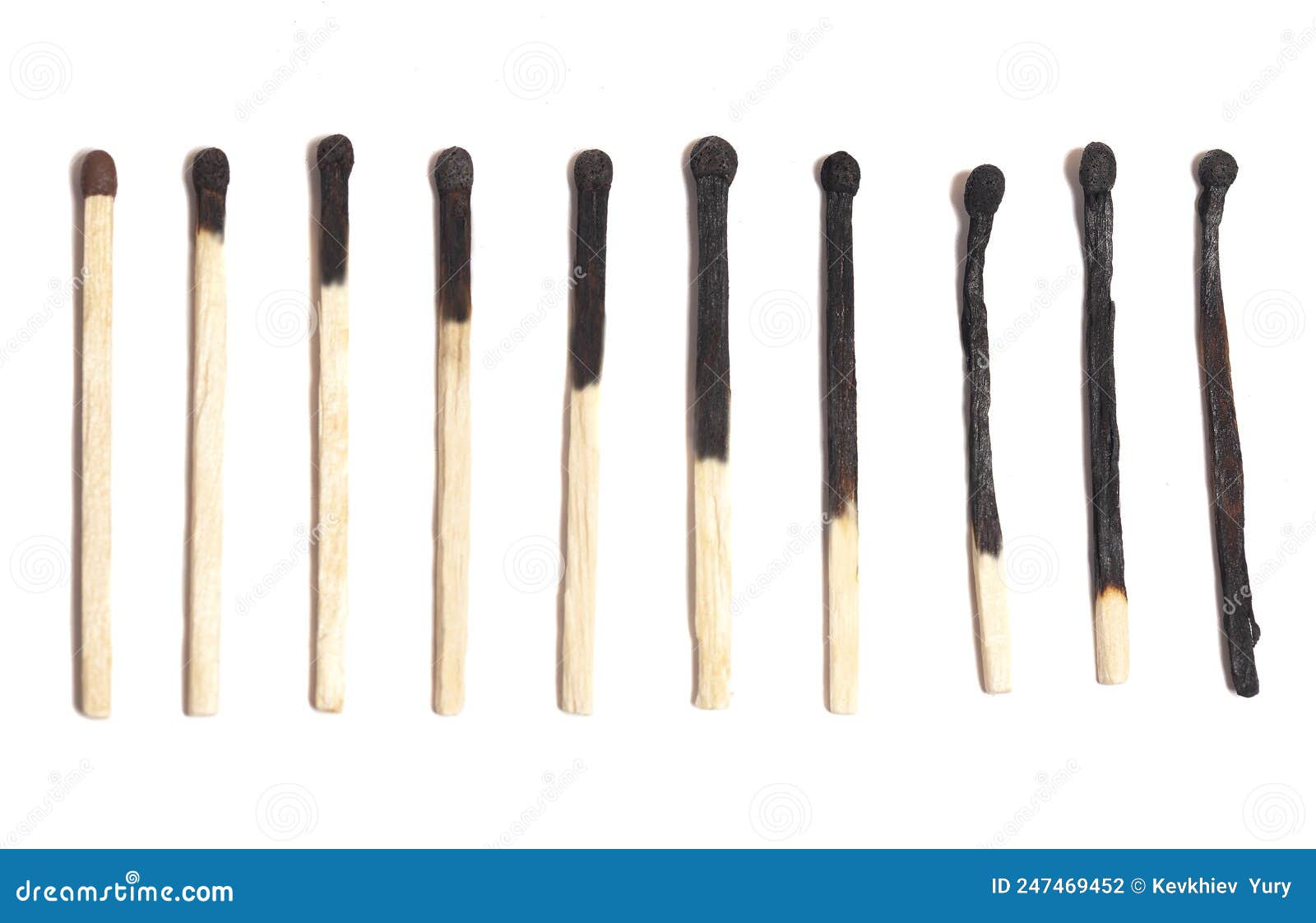 Different Stages of Match Burning. Burnt Matches Isolated on White Background Stock Photo