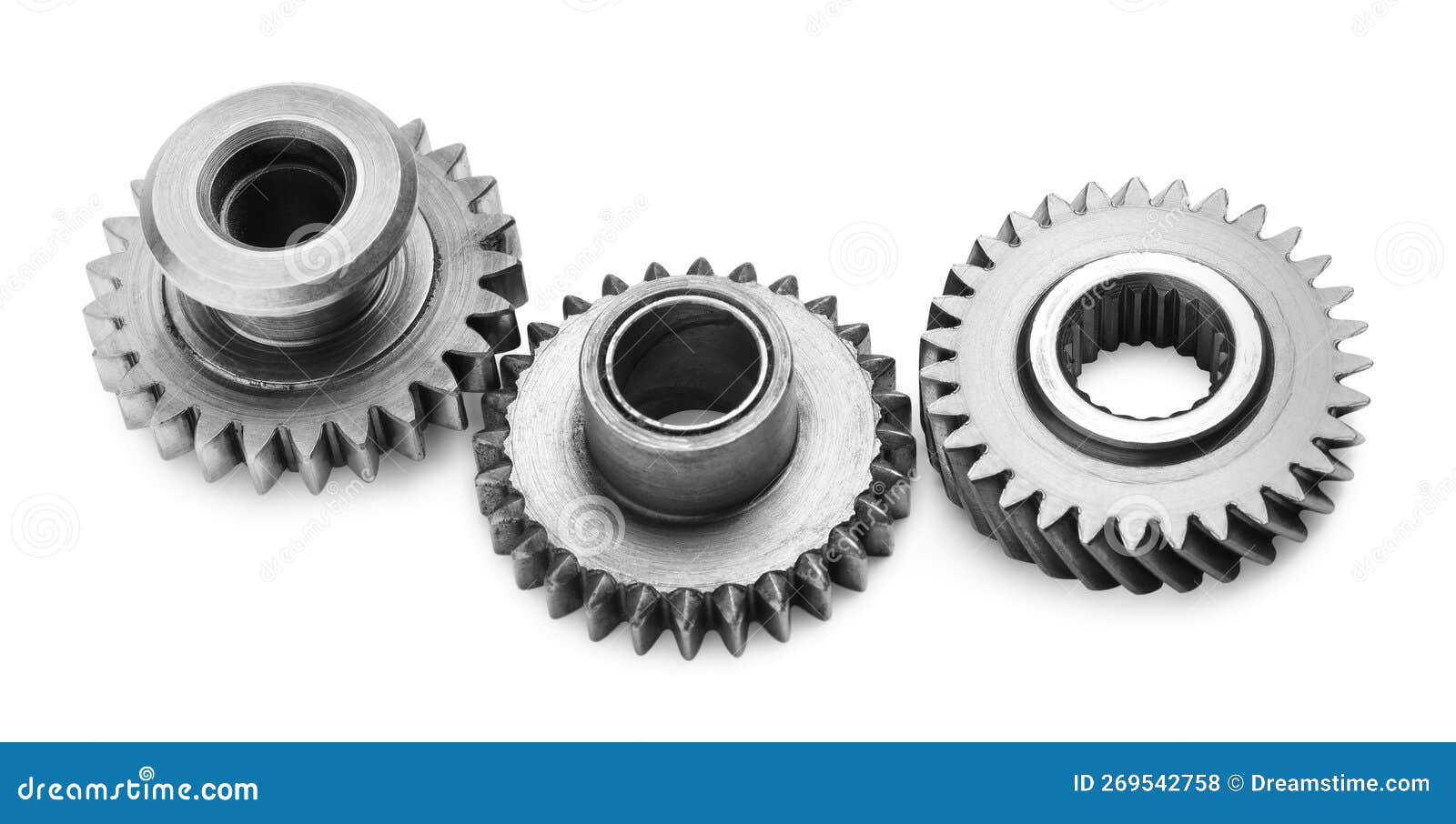 Different Stainless Steel Gears on White Background Stock Photo Image