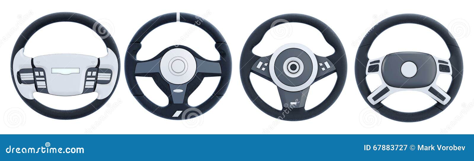 Different Steering Wheels on White Background. 3d Rende Stock