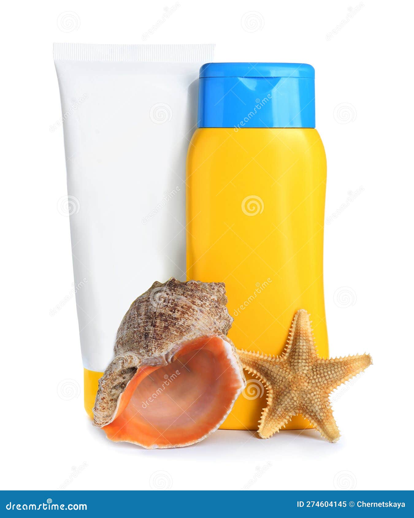 Different Suntan Products, Starfish and Seashell on White Background