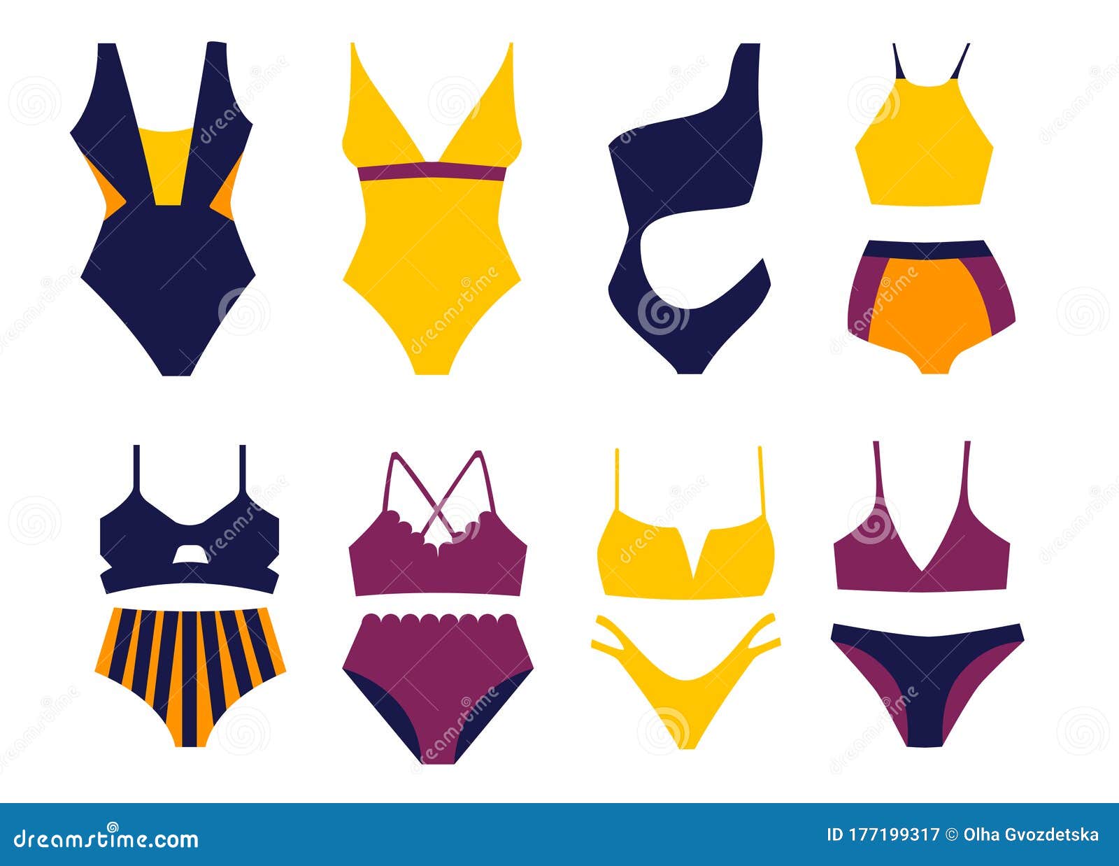 Different Swimsuit Types For Beach. One-piece And Two-piece Swimsuits ...