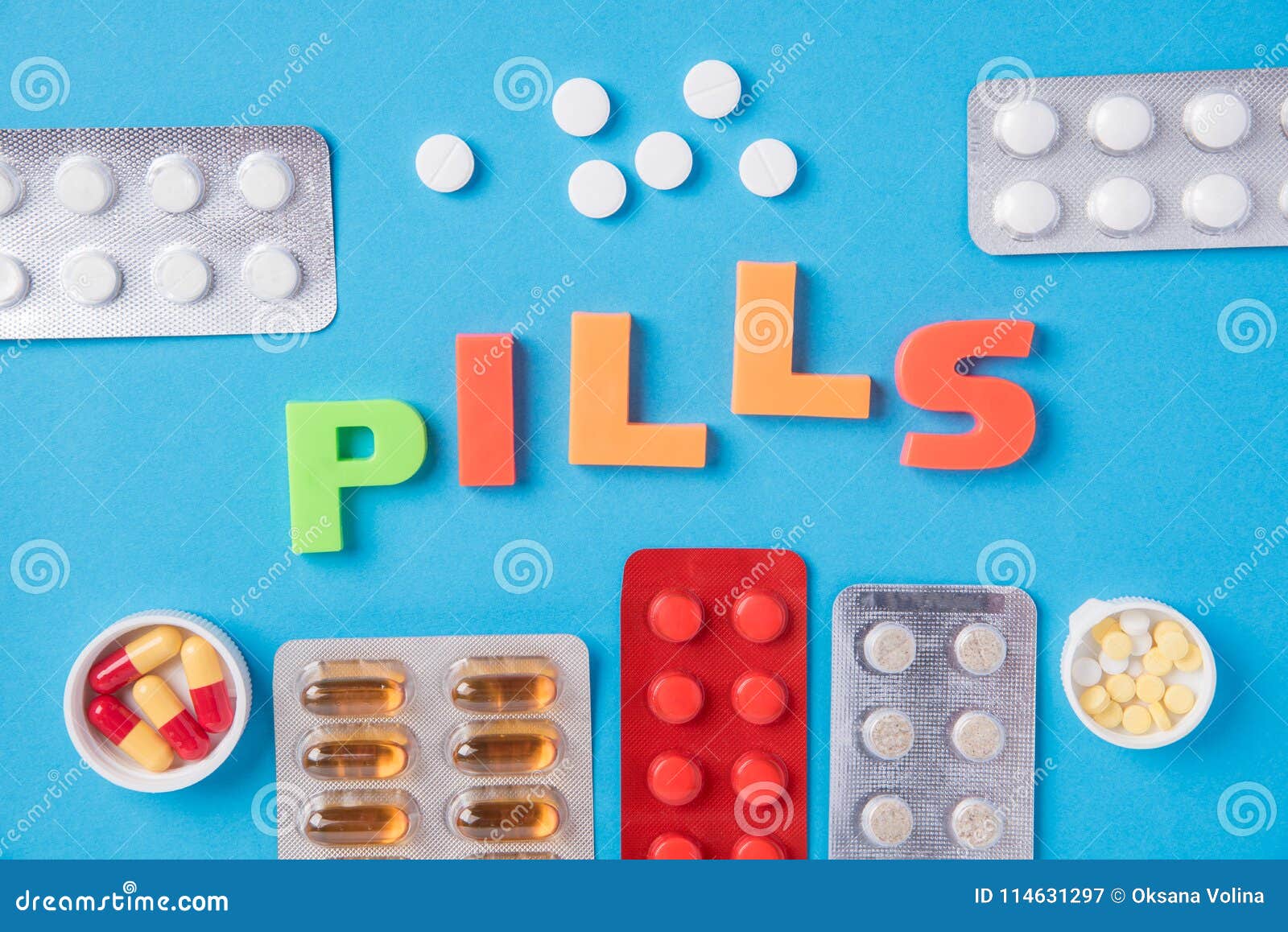 Different Tablets and Pill in the Package and without it on a Bl Stock