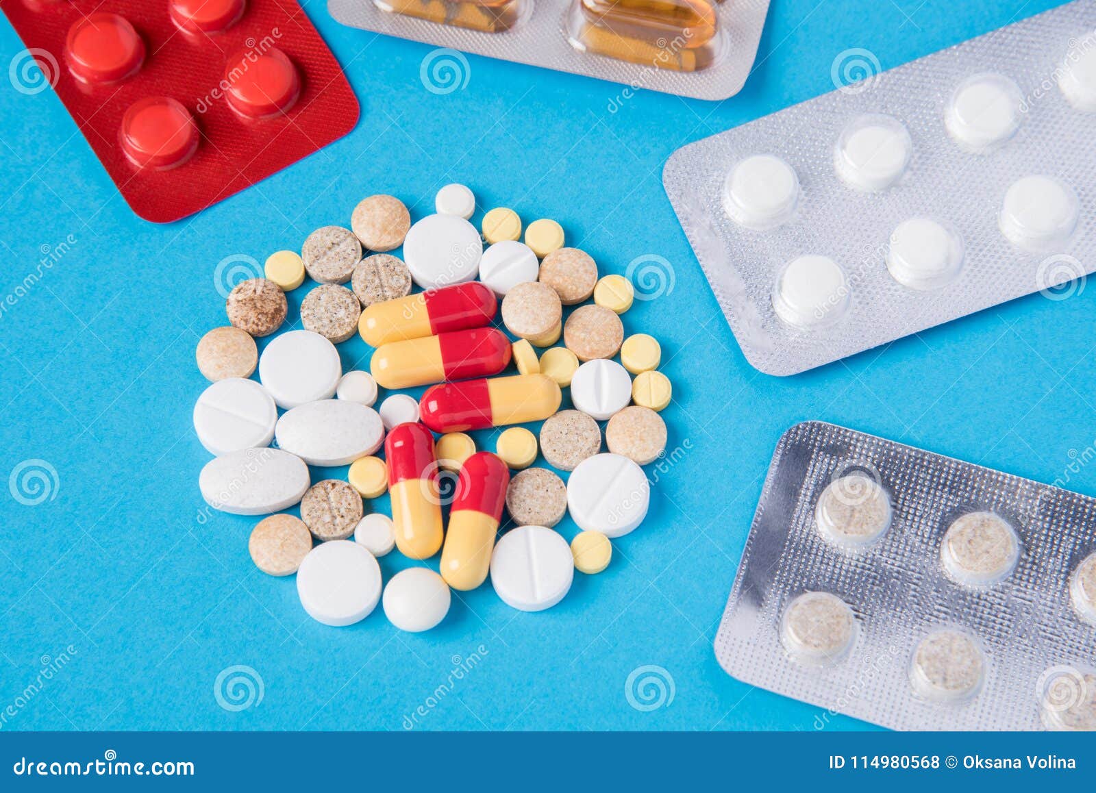 Different Tablets and Pill in the Package and without it on a Bl Stock