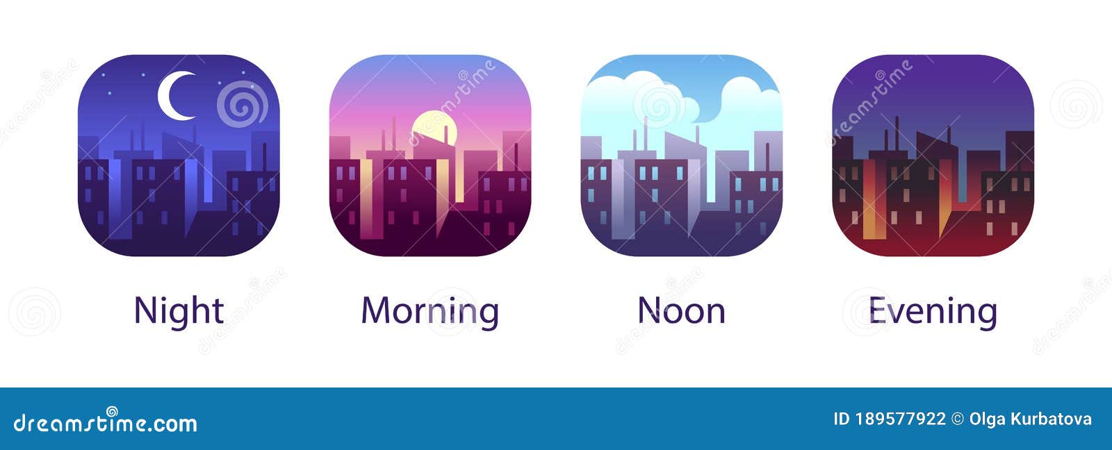different times of day. night, morning, noon and evening in city landscape. buildings and skyscrapers urban concept