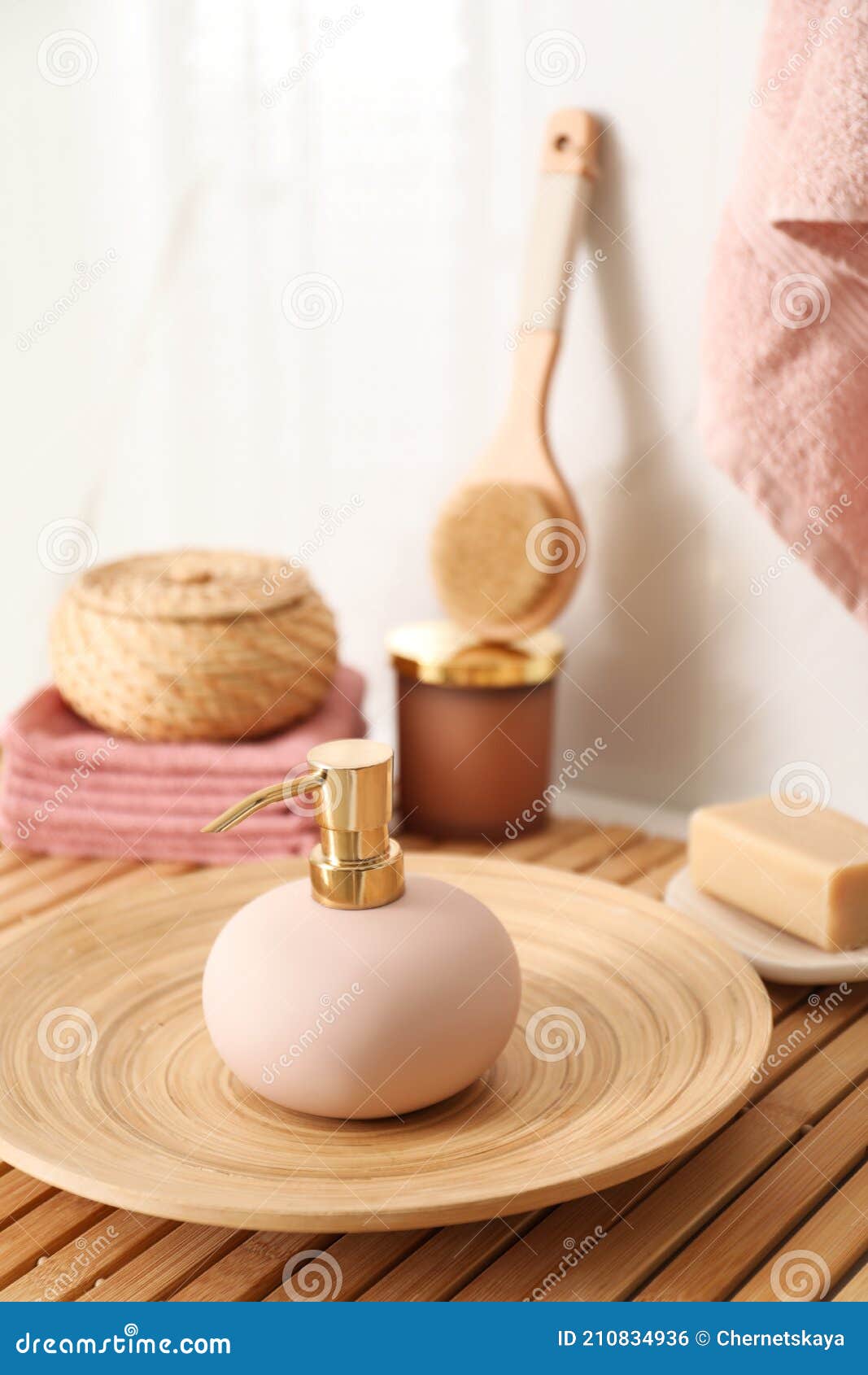 Different Toiletries on Wooden Table in Bathroom Stock Photo Image of