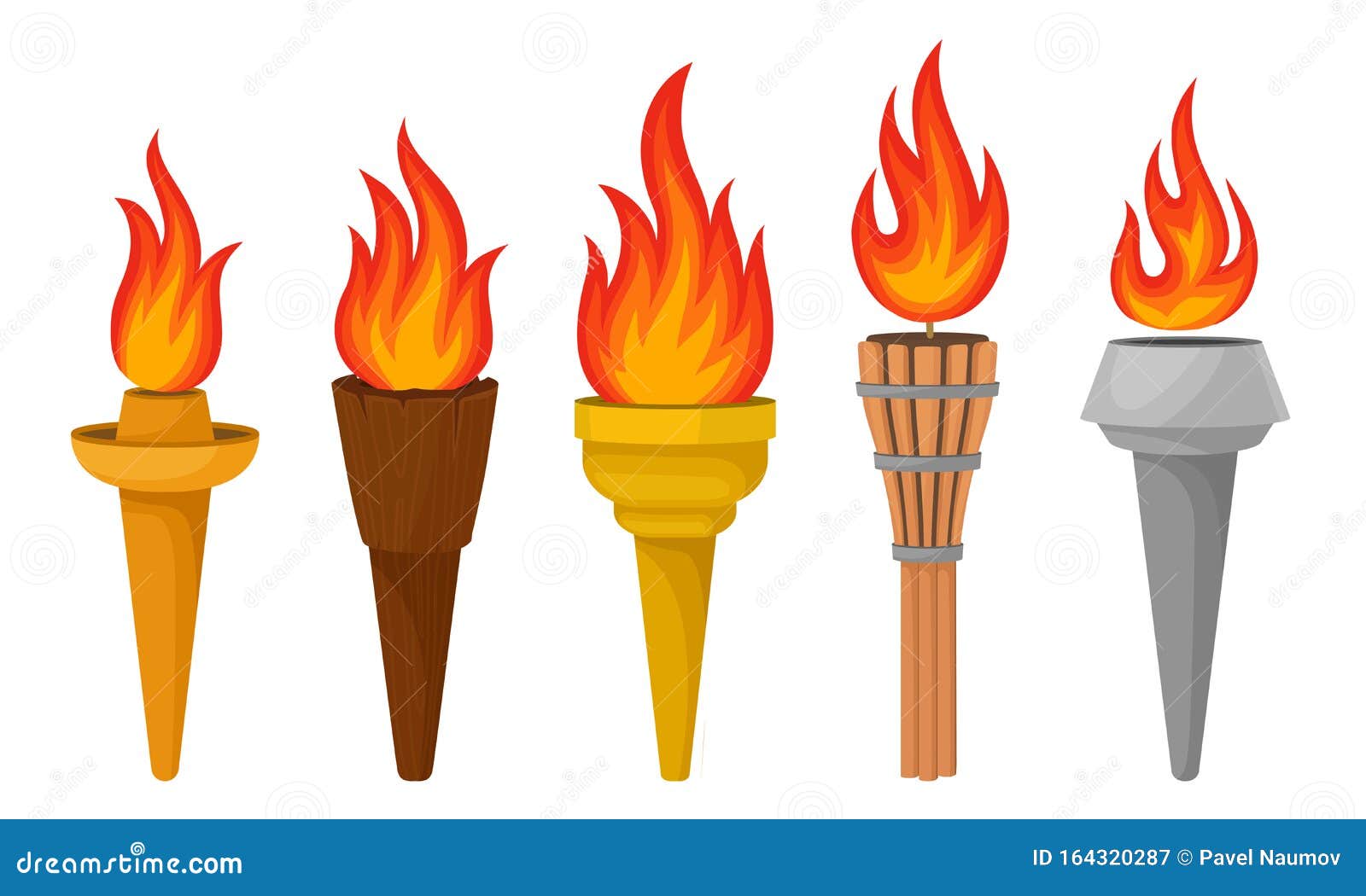 different torches with brightly burning fire  set