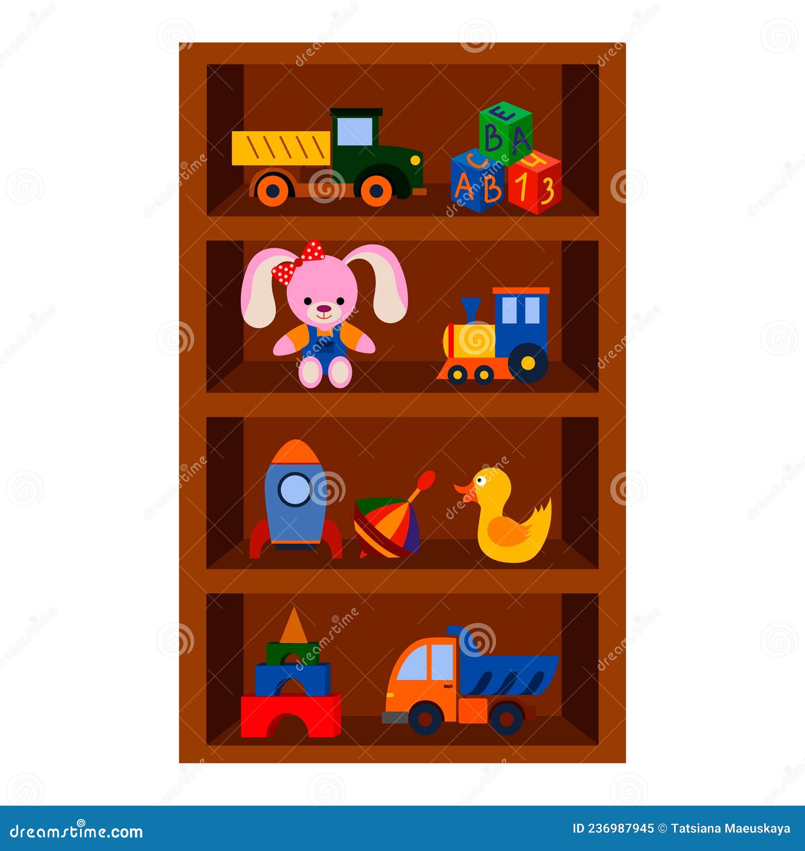 Different Toys on a Shelf, a with Toys, Vector Isolated on a