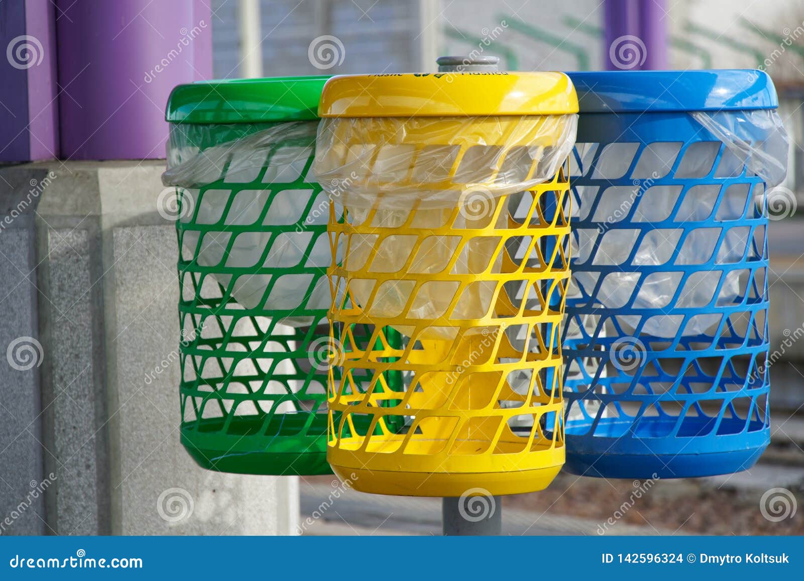 Different Trash Bin Of Iron Metal, Selective Collection Of Garbage