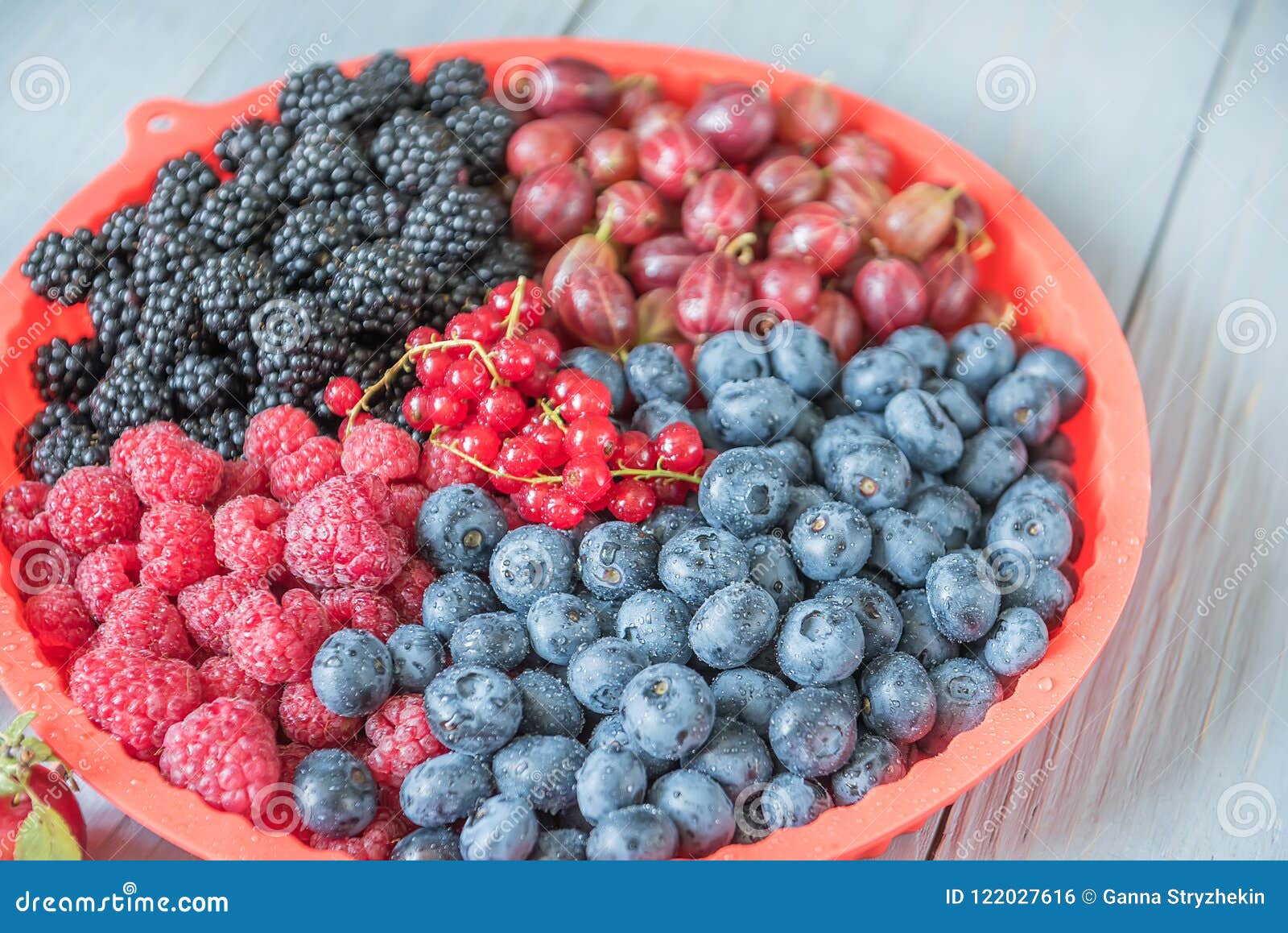 Different Types of Berries on a Red Plate. Stock Photo Image of