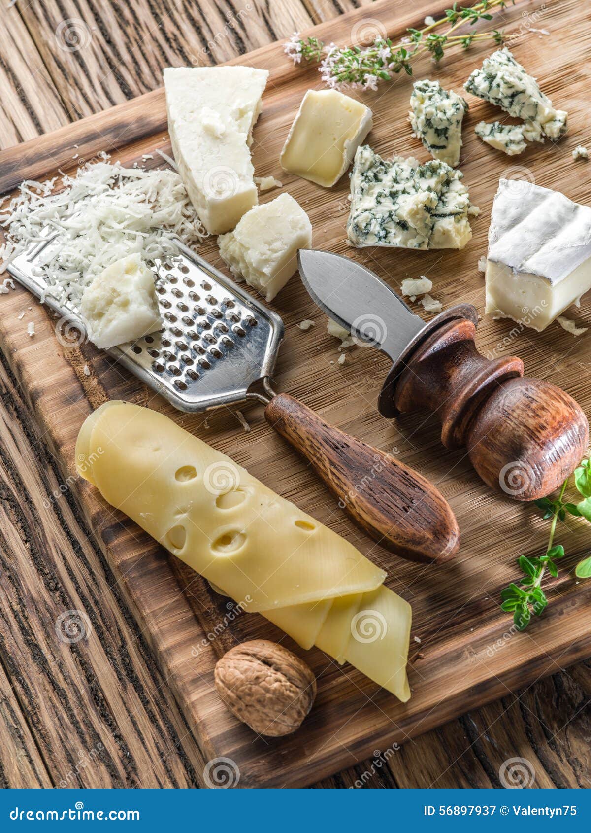 Different Types of Cheeses with Nuts and Herbs. Stock Image Image of
