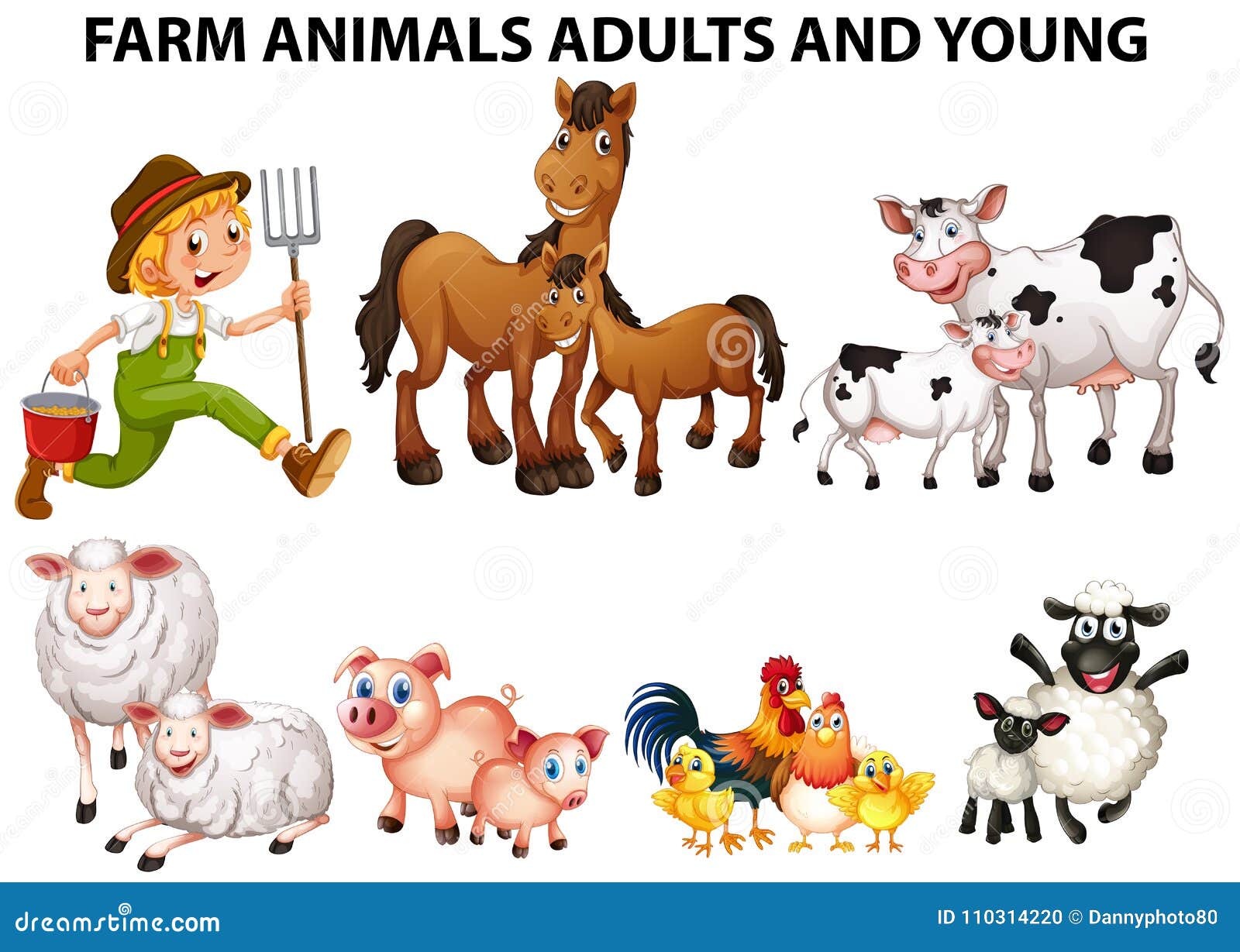 Different Types of Farm Animals with Adults and Youngs Stock Vector