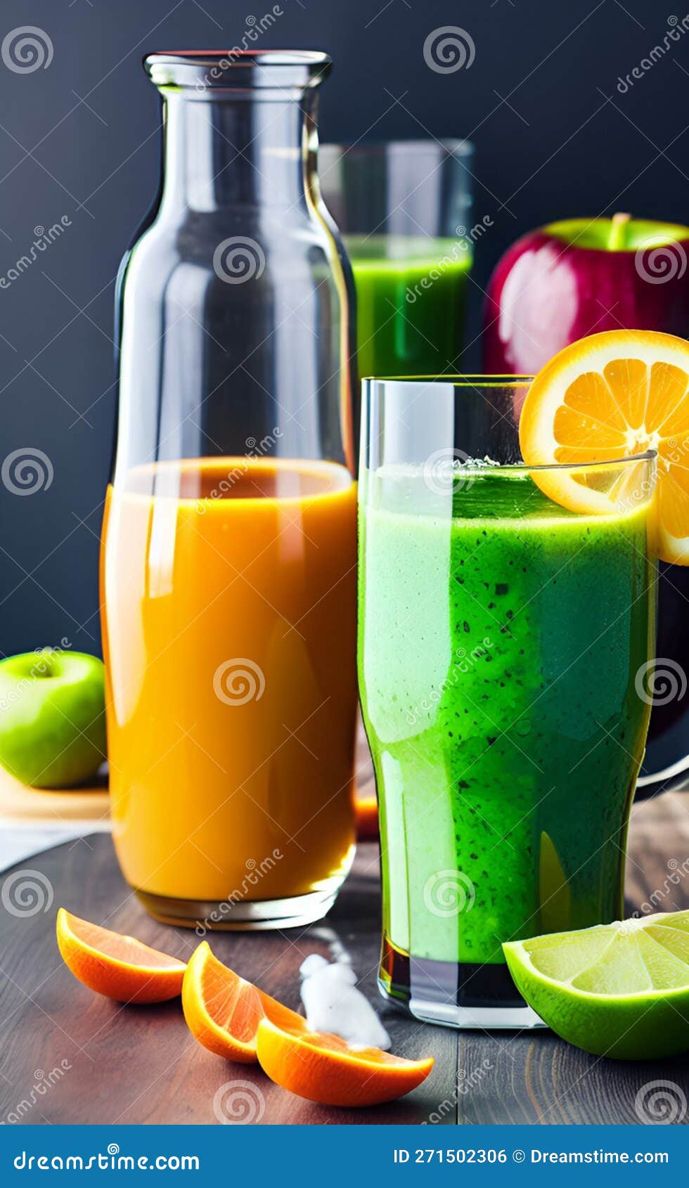 Different Types of Fresh Juices Drinks with Sliced Fruits in Background