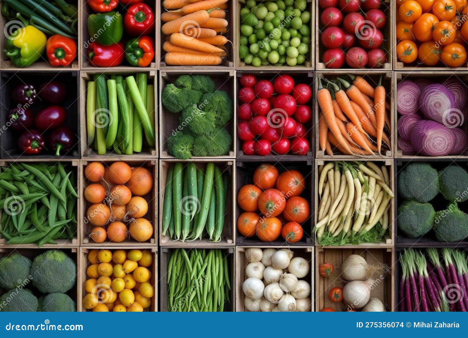 Different Types of Fresh Vegetables Arranged in Boxes. Conceptual
