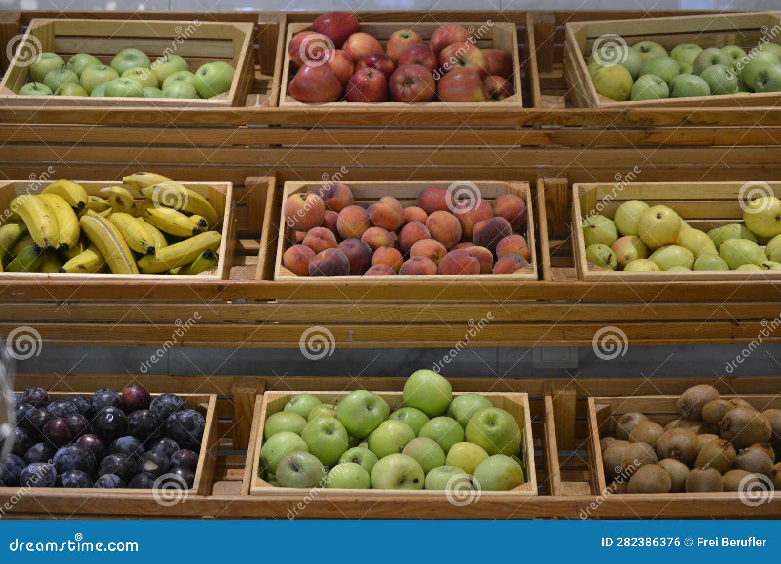 Different Types of Fruit in Boxes, Apples, Pears, Bananas, Kiwis Etc