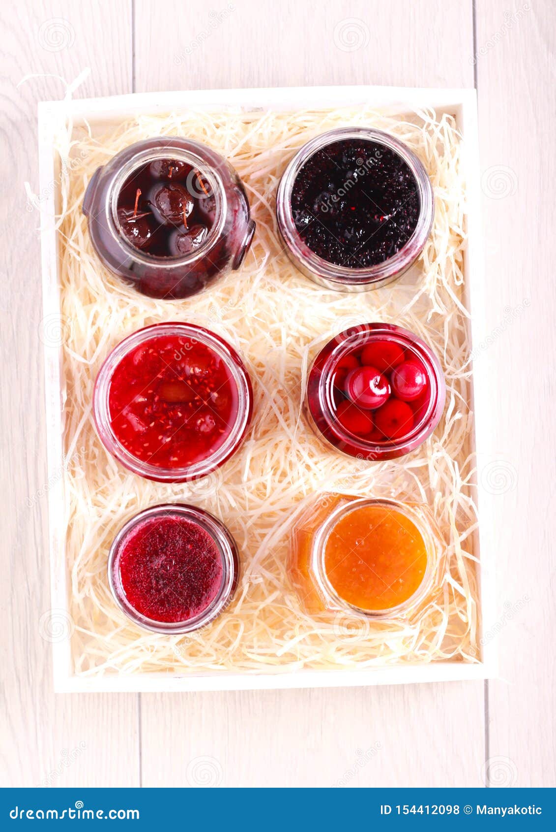 Different Types of Fruit Homemade Jams and Preserves Stock Photo