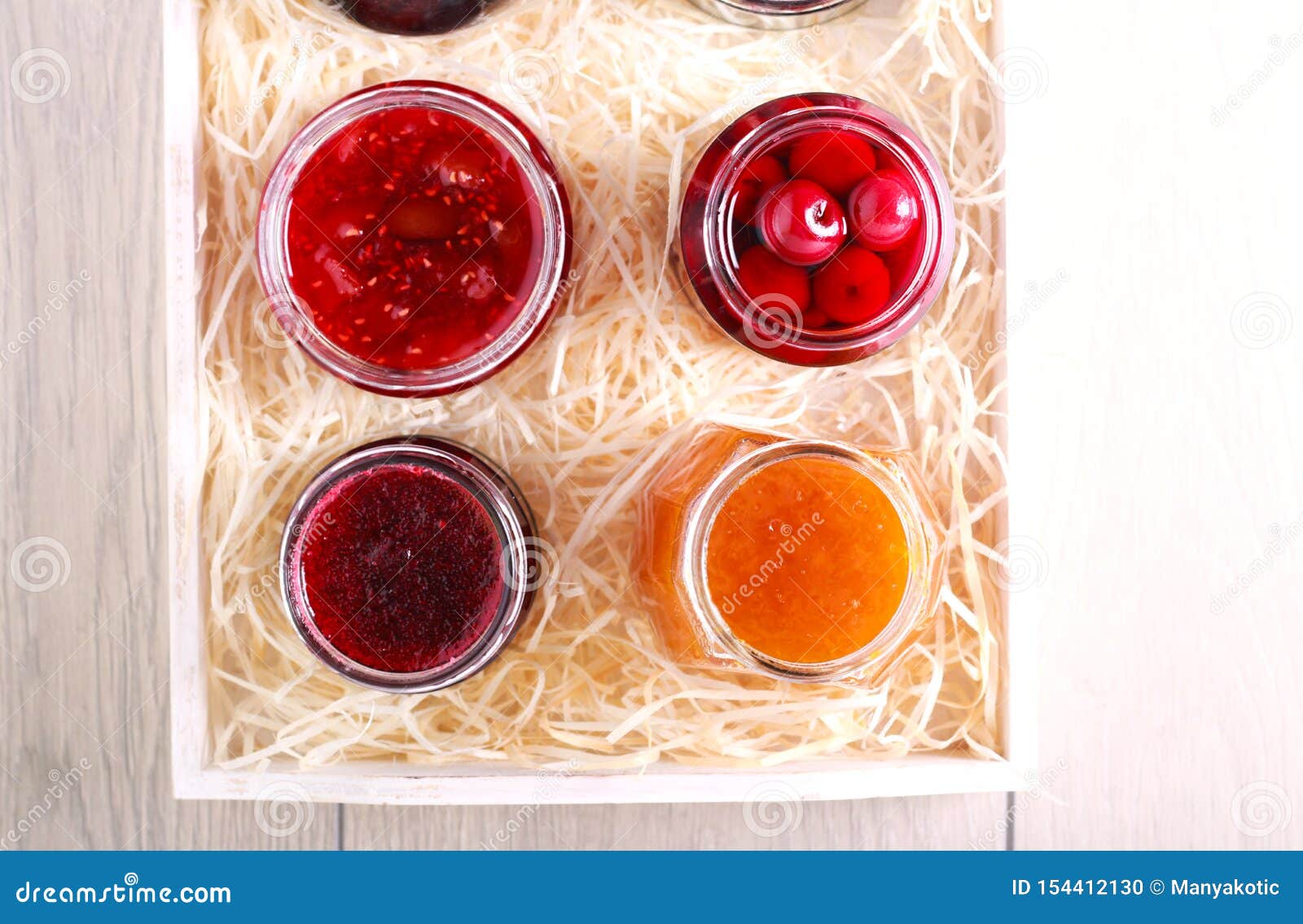 Different Types of Fruit Homemade Jams and Preserves Stock Photo
