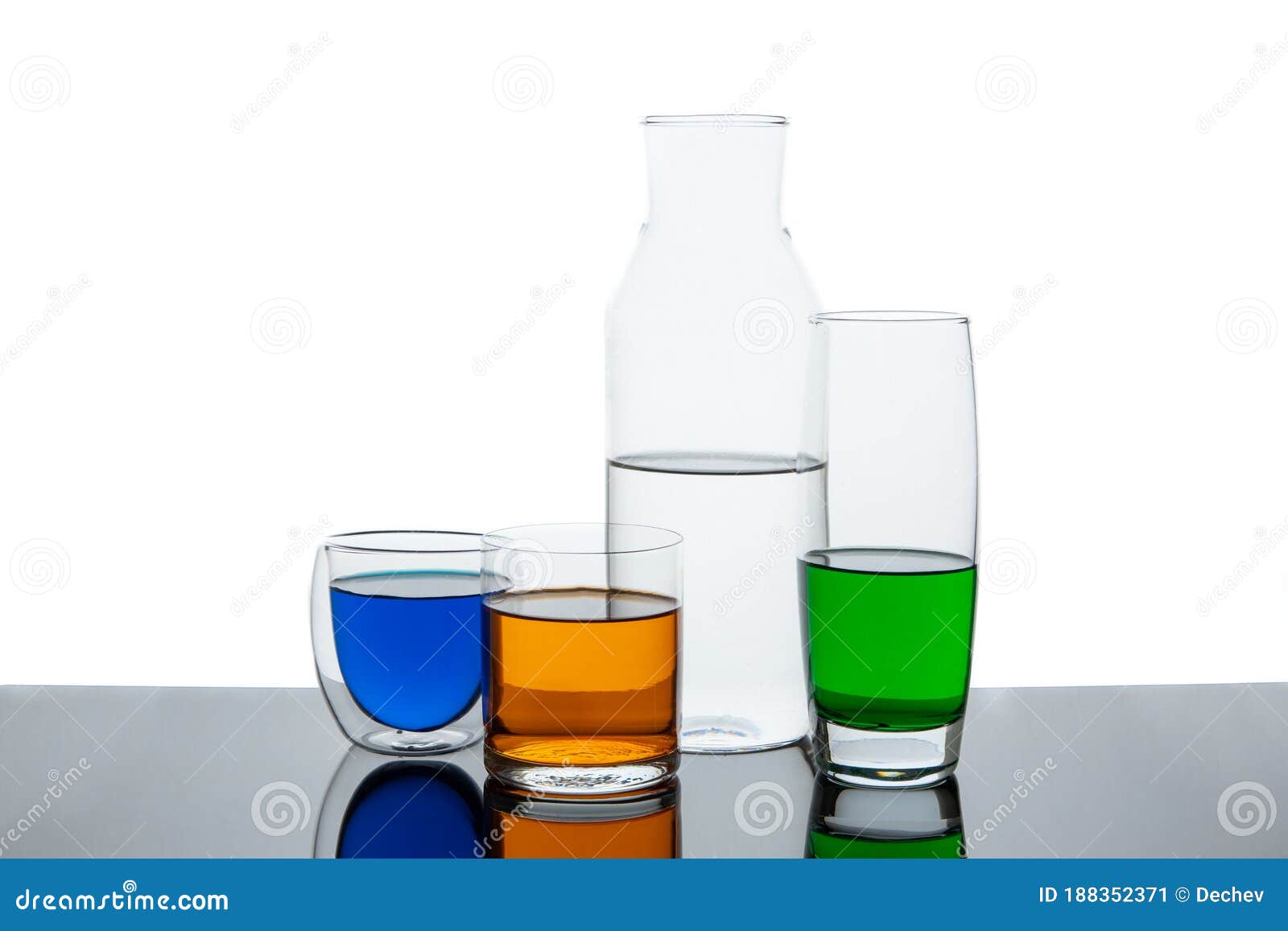 Different Types of Glasses with Different Drinks and Colors, Isolated