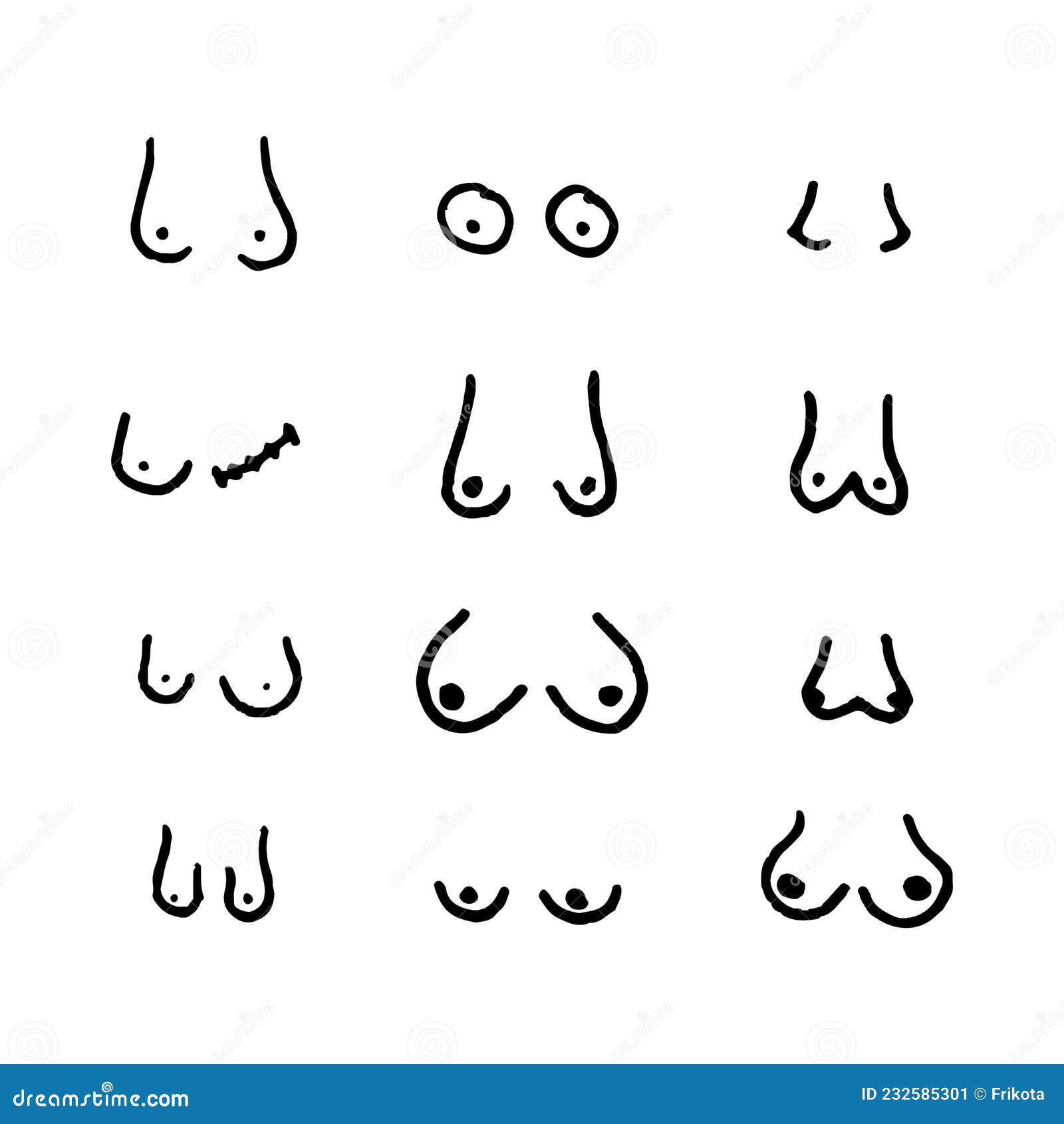 Different Types of Hand Drawn Breasts. Boobs Set. Black Color
