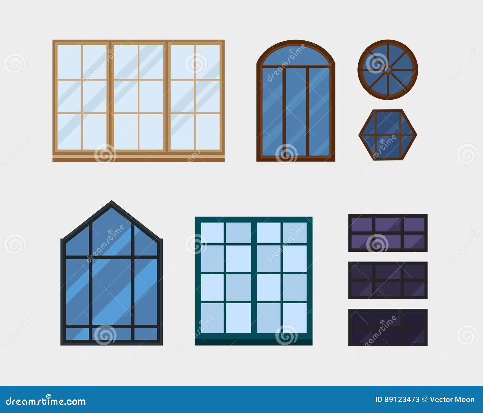 Different Types House Windows Elements Isolated Set Flat
