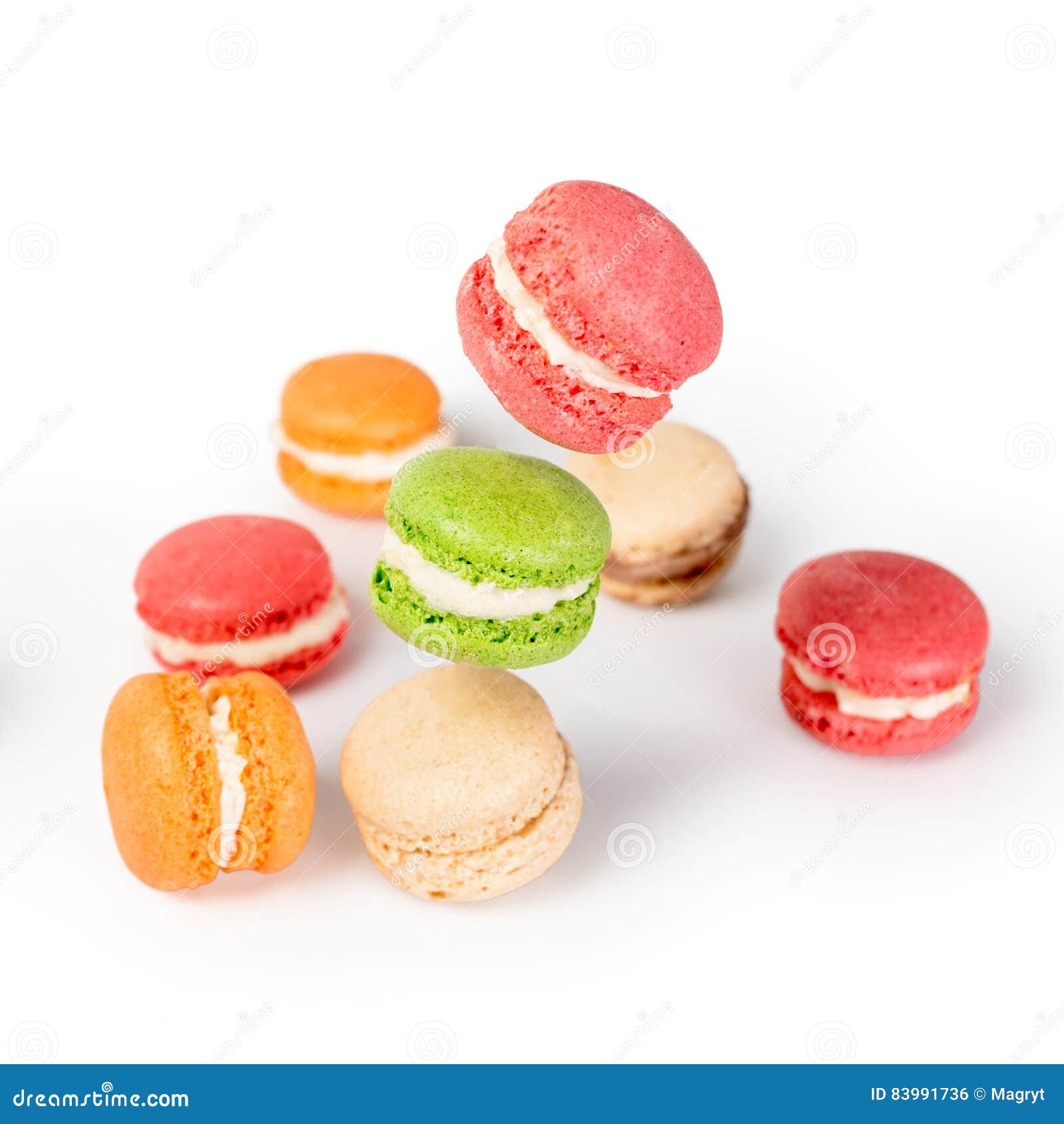 Different Types of Macaroons in Motion Falling or Flying on White ...