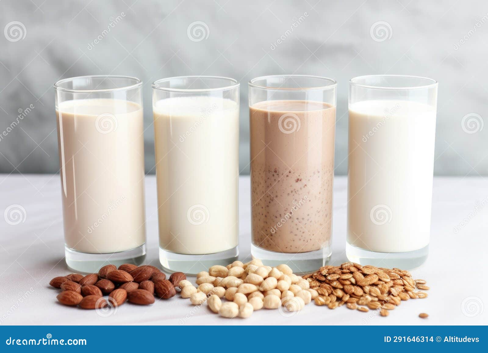 Different Types of Milk Alternatives Almond, Soy, Oat Stock Photo