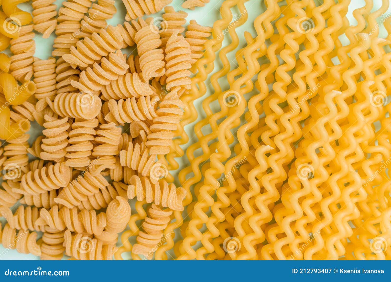 Different Types of Pasta from Wheat Varieties Laid Out in a Line on a