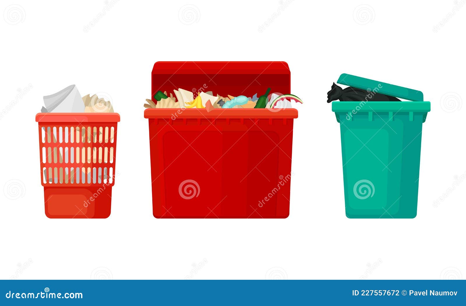 Different Types of Plastic Containers for Garbage Set. Wastebaskets for