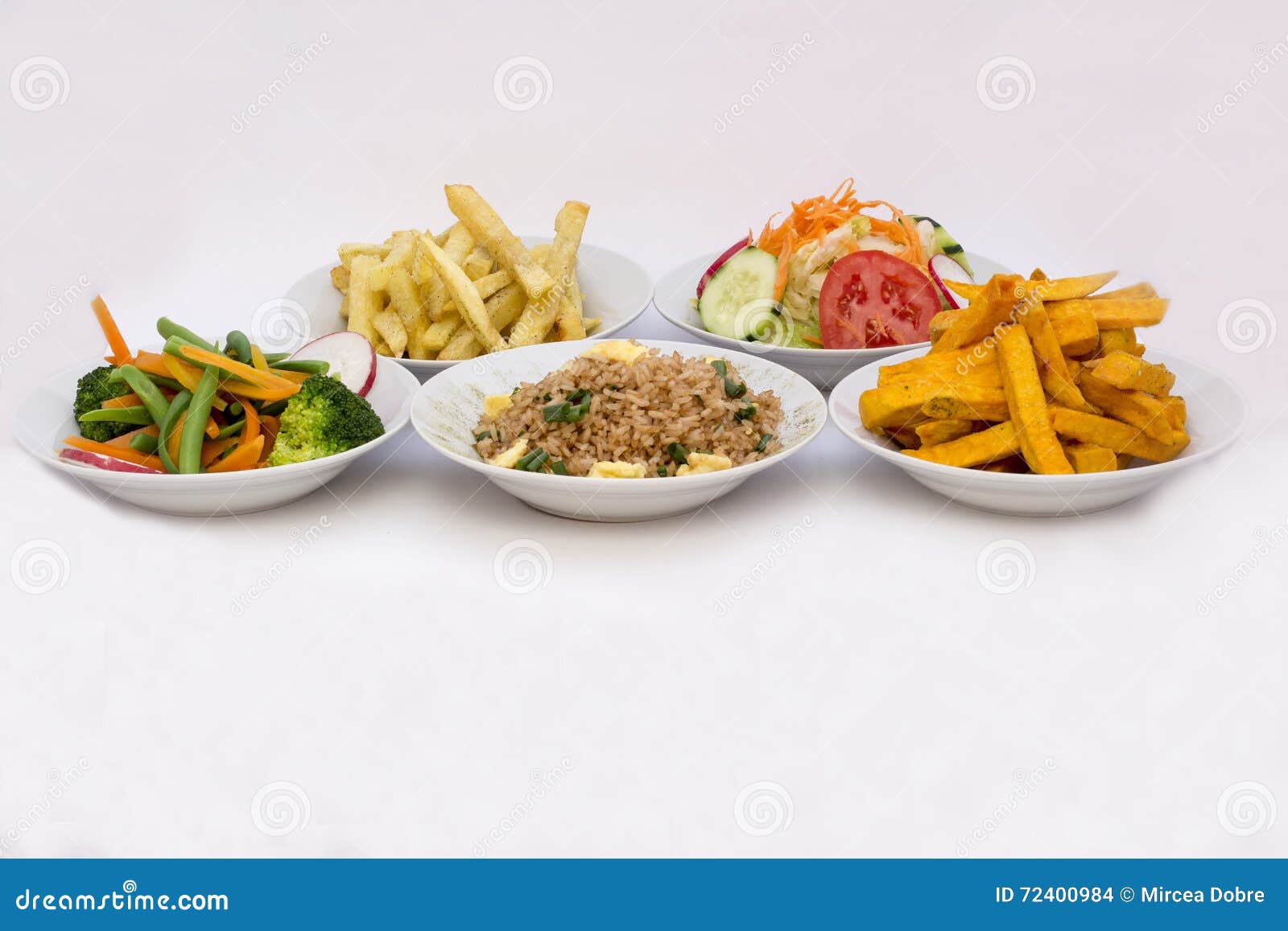 5 different types of salads: sweet potatoes (camote o kumara), fried rice (arroz chaufa), potatoes