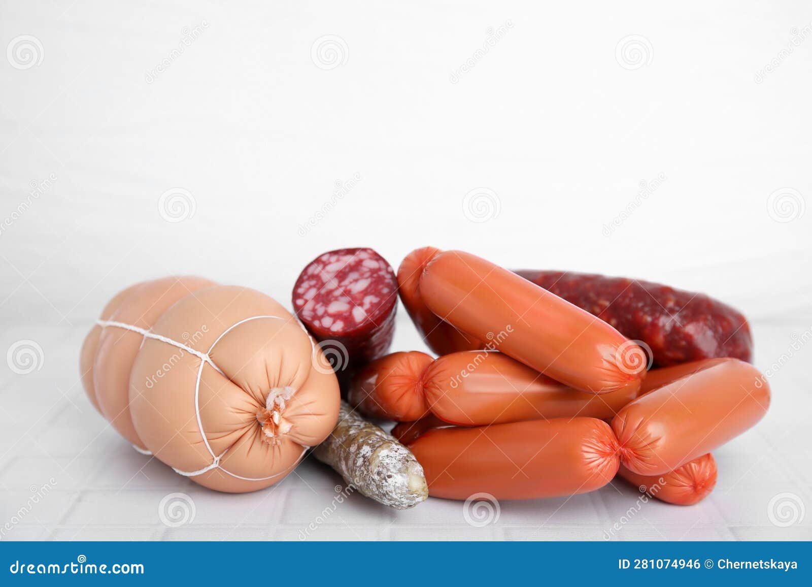 Different Types of Sausages on White Tiled Table Stock Photo Image of