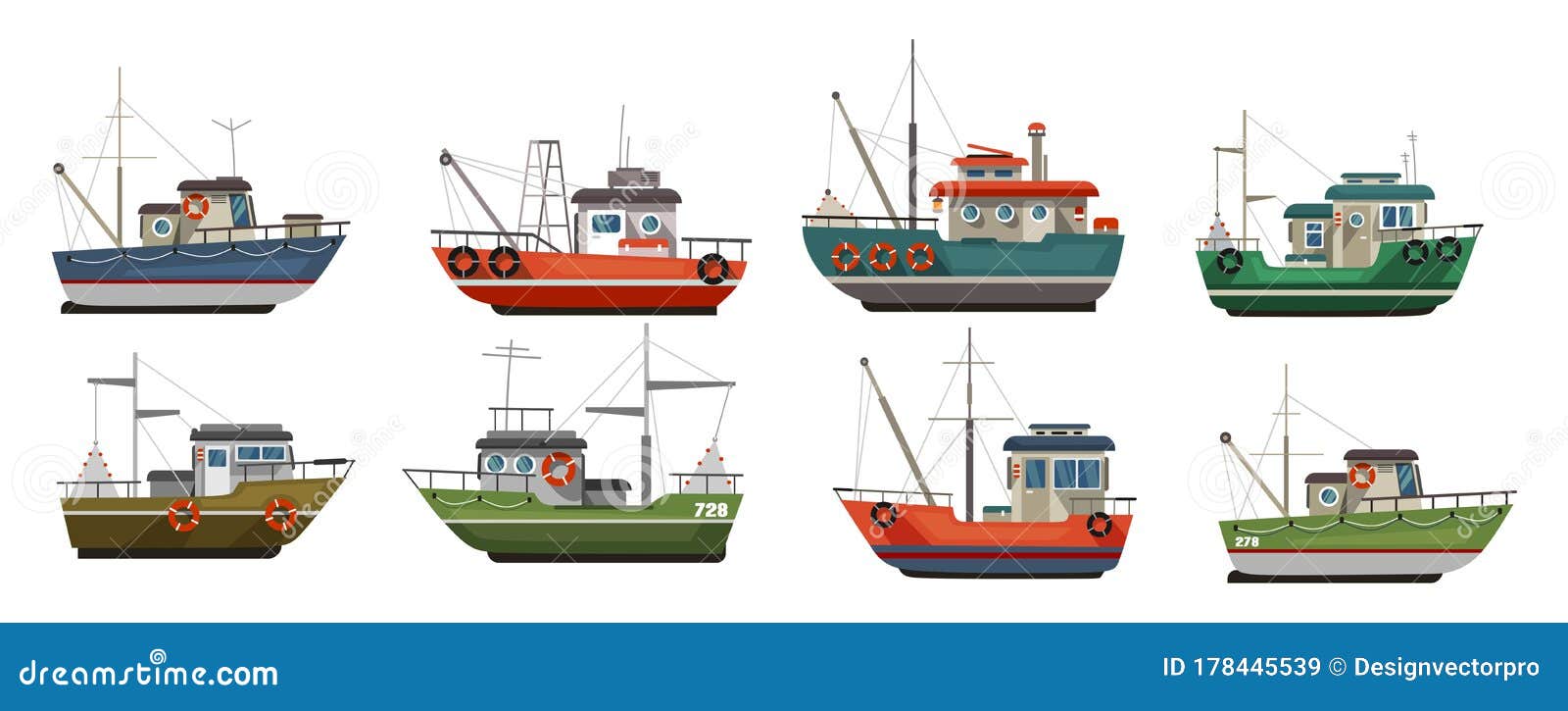 Different Types of Sea Boats Flat Style Set Stock Vector