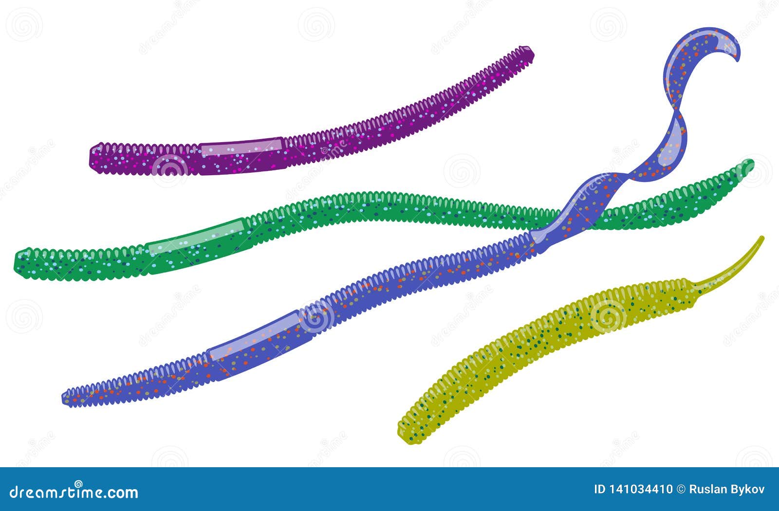 DIfferent Types of Soft Plastic Worm Baits. Stock Vector
