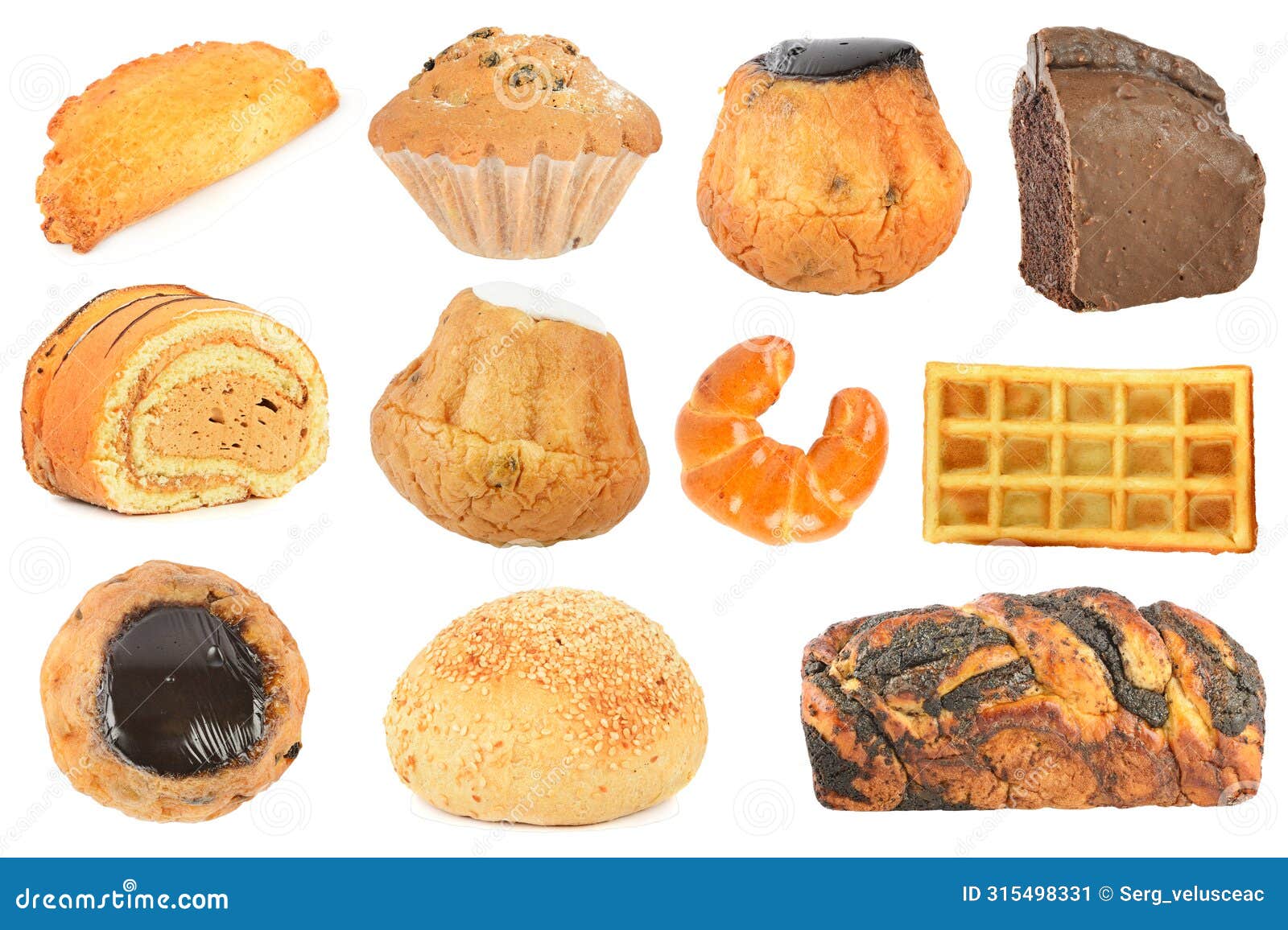 different types of sweet and tasty pastries  on white