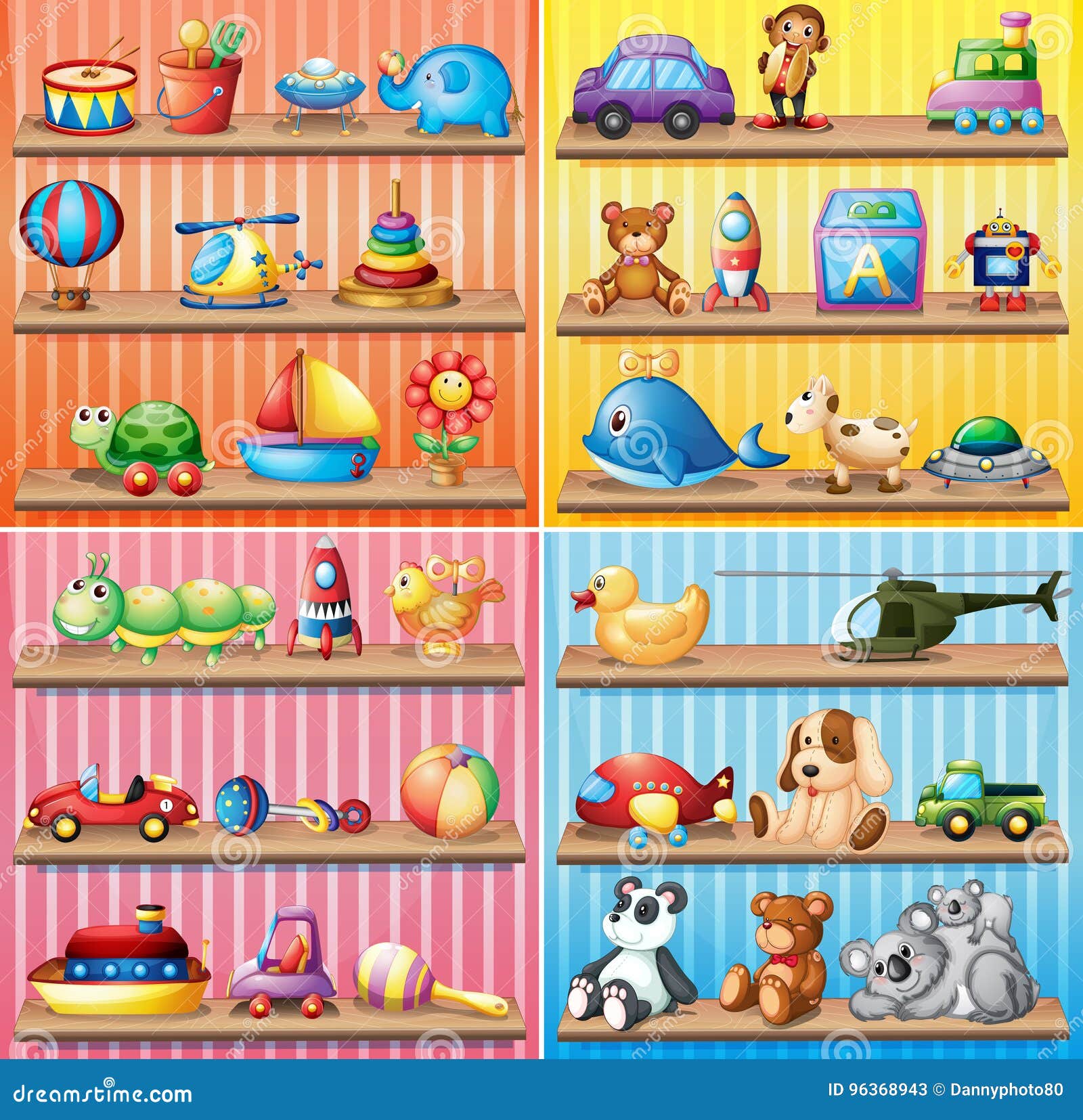 Different Types of Toys on the Shelves Stock Vector Illustration of