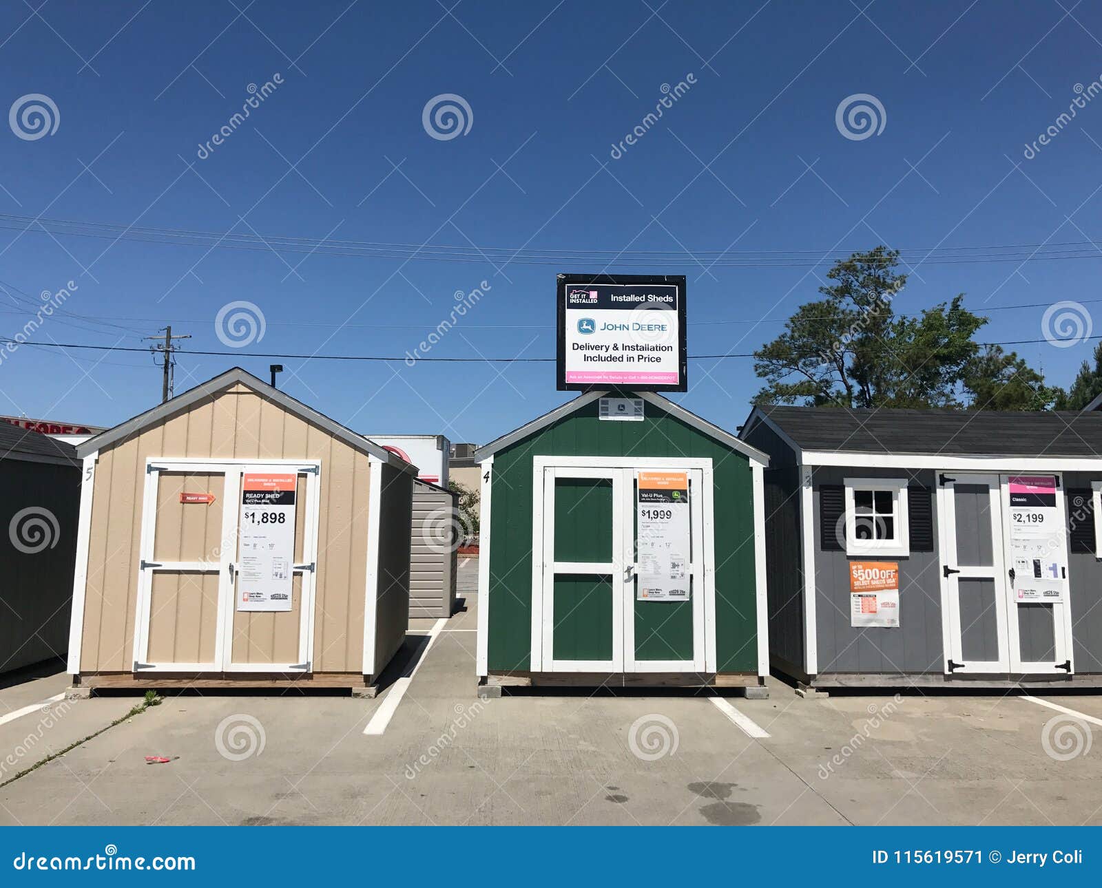Different Varieties of Sheds on Display in a Parking Lot of a Chain Hardware Store Editorial