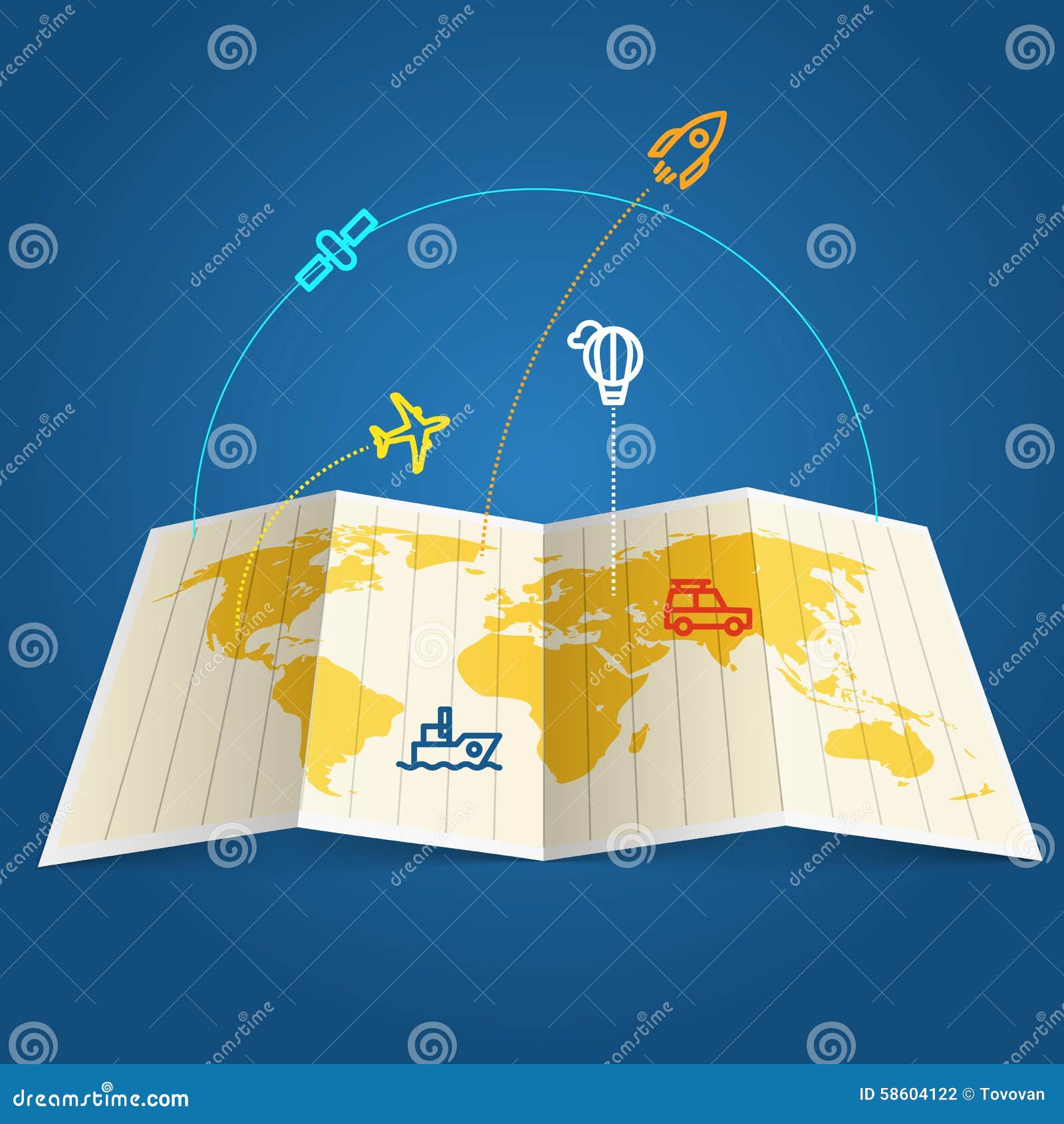 Different Vehicles on the Earth Map Stock Vector - Illustration of ...