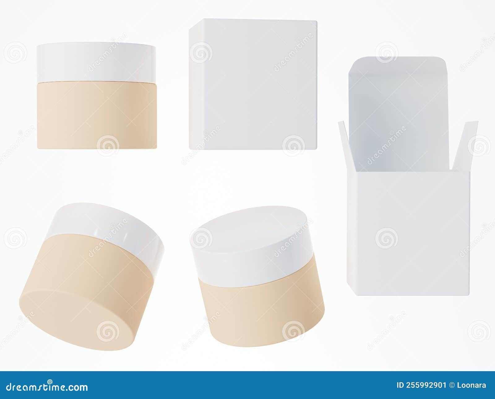 Different Views of Beige Plastic Cosmetic Cream Jar with White Cap and