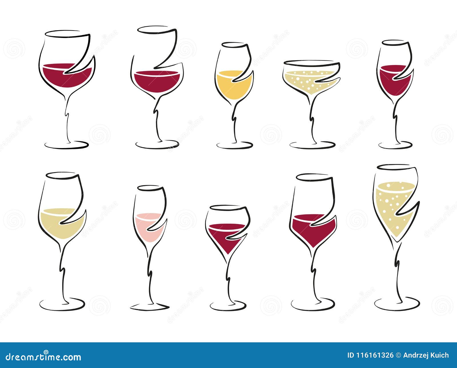 Different Wine Glasses Filled with Drink, Set Vector Drawing Stock