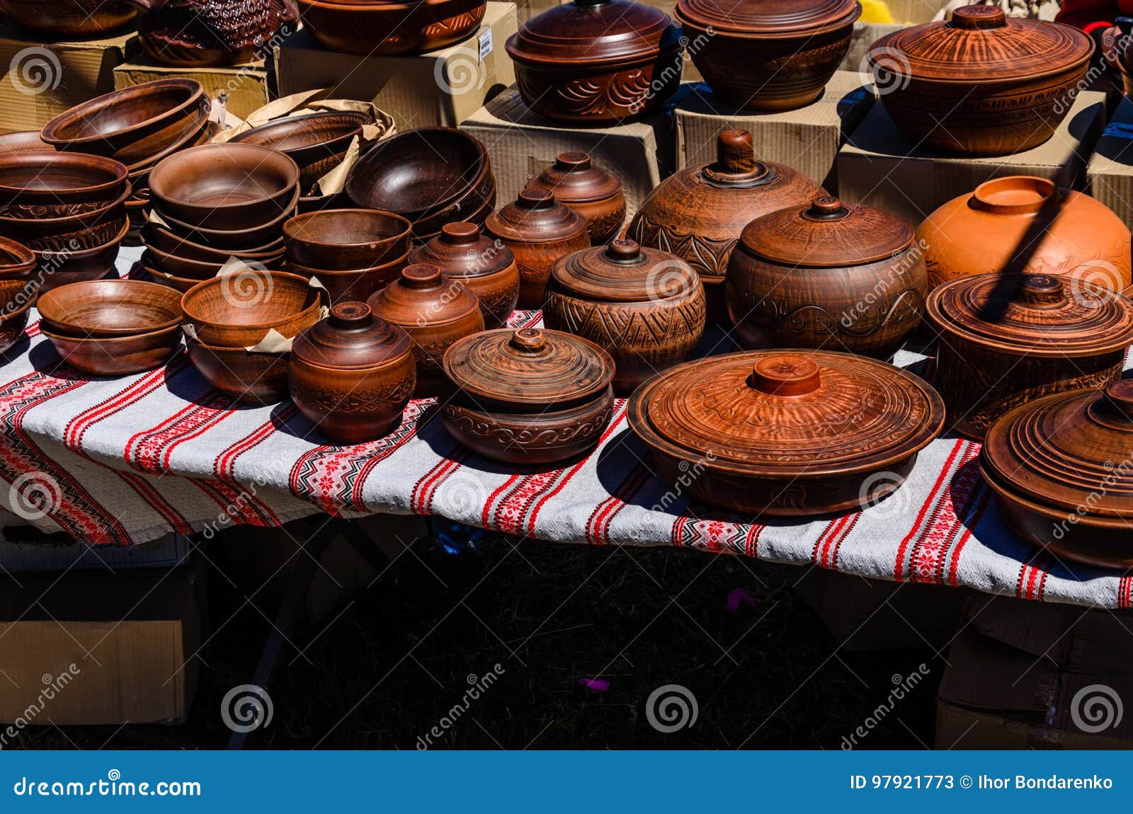 Different Wooden Pots for Sale on a Fair Stock Image Image of food