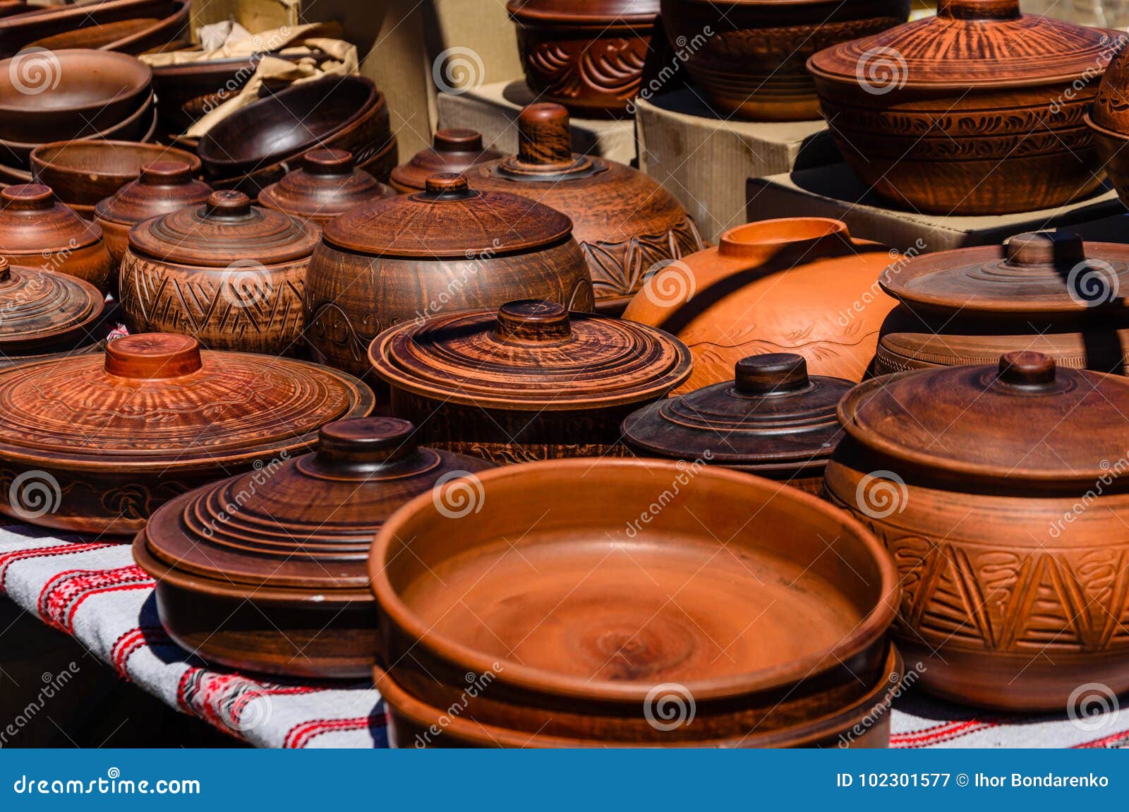 Different Wooden Pots for Sale on a Fair Stock Image Image of kitchen