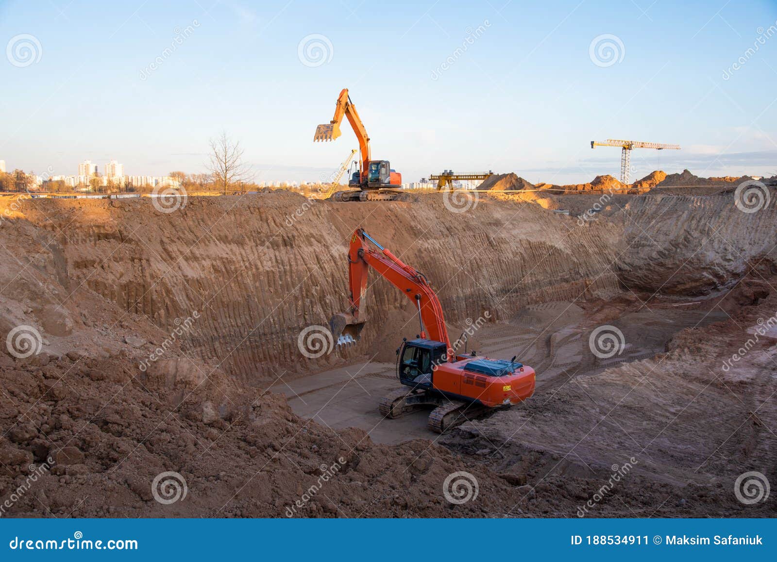 Digging The Pit Foundation A Hole With Excavator ...